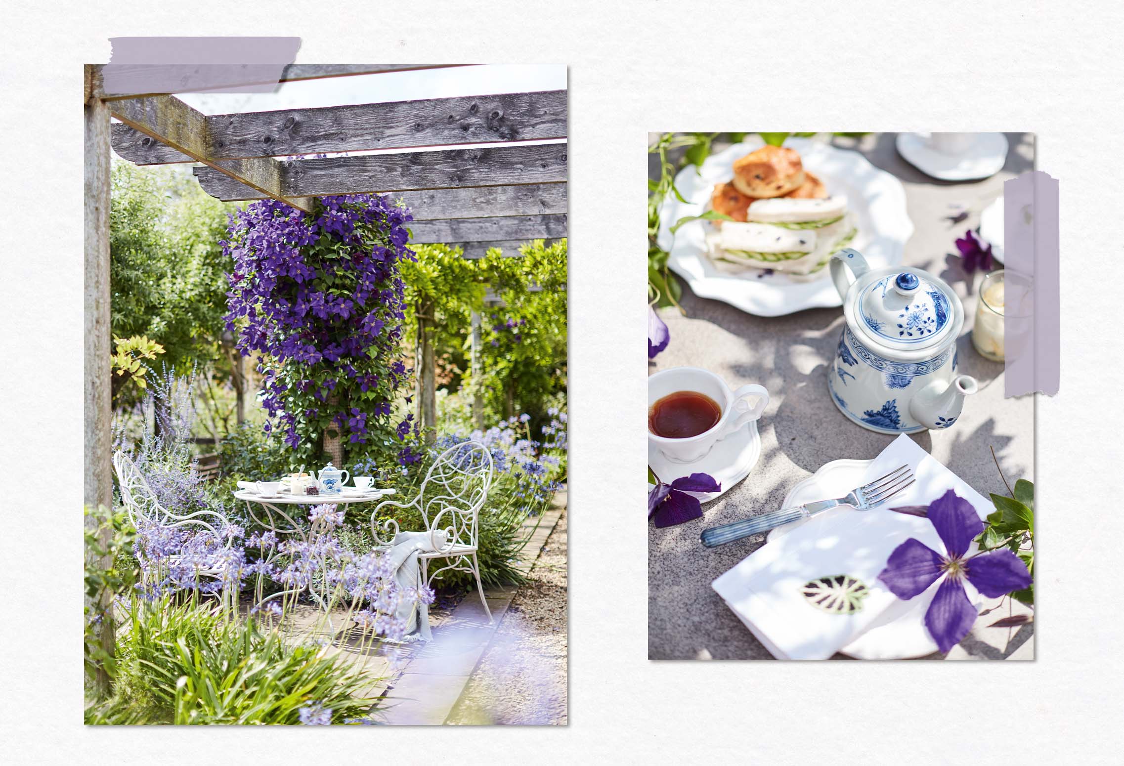 In the lefthand image, a white metal garden set sits under an awning decorated with purple flowers. In the righthand image, afternoon tea is laid out on the table.