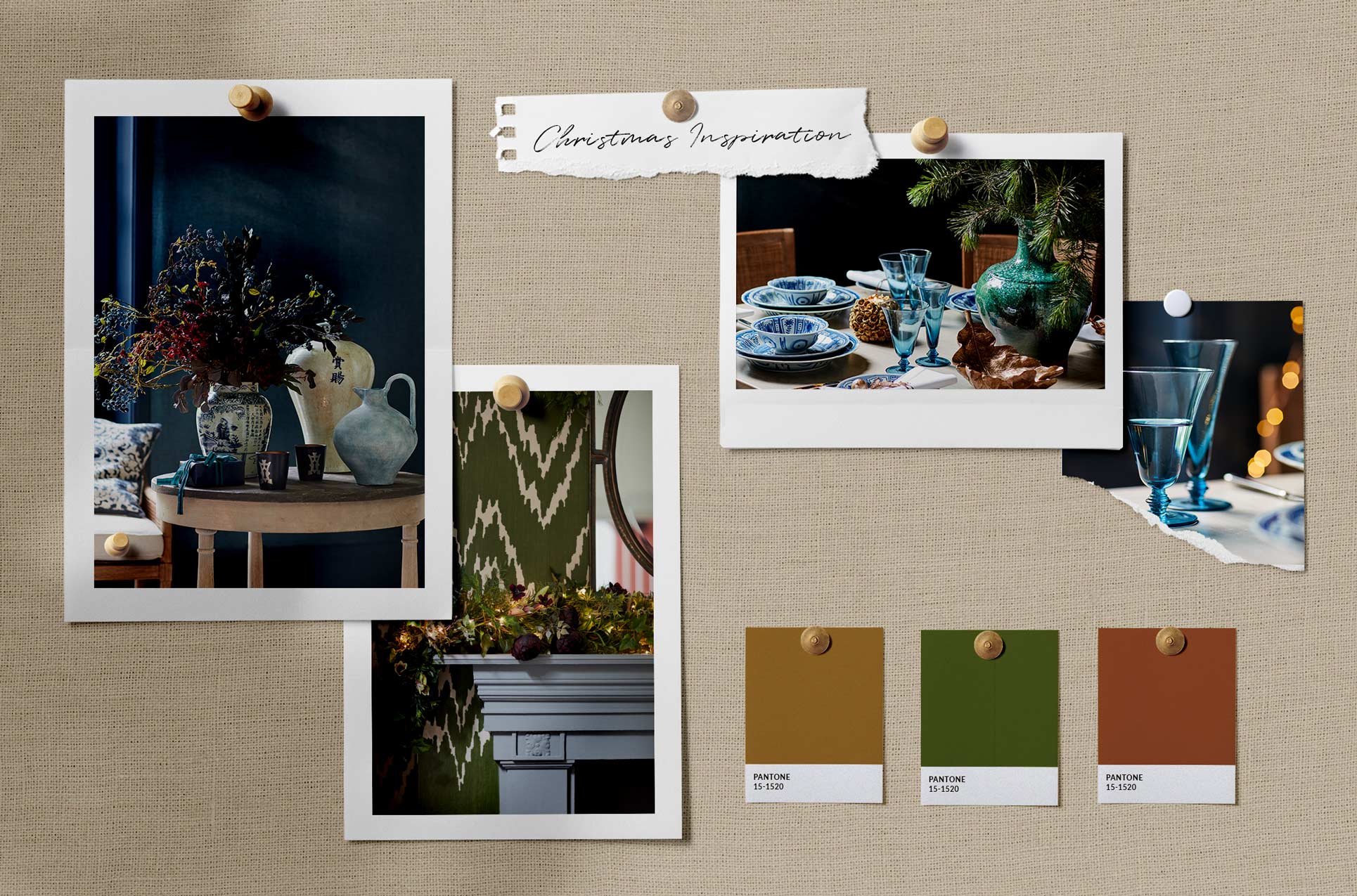 A moodboard of Christmas room settings, complete with Pantone swatches in festive colors