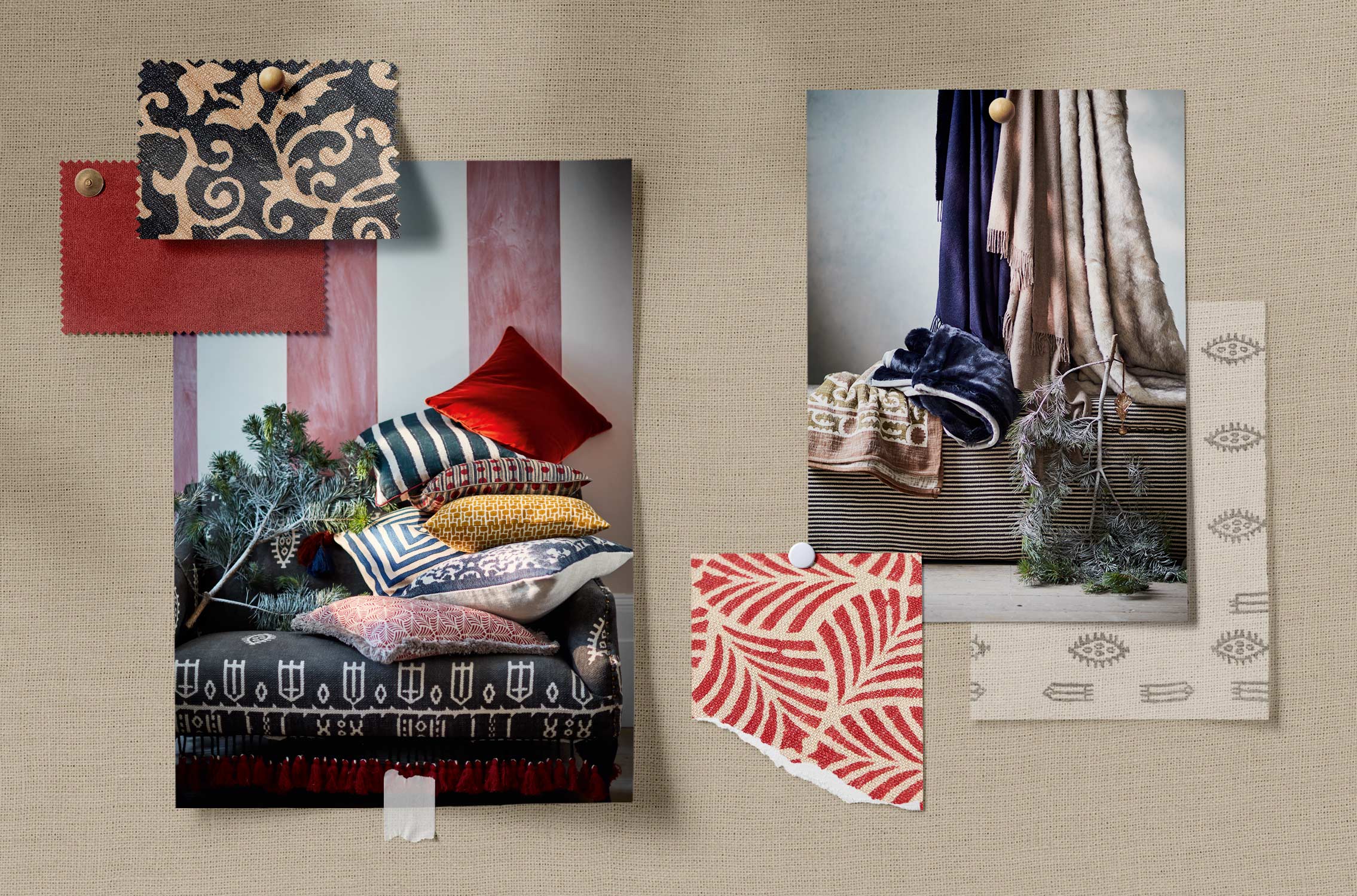 A moodboard of Christmas soft furnishings, with fabric swatches in OKA prints