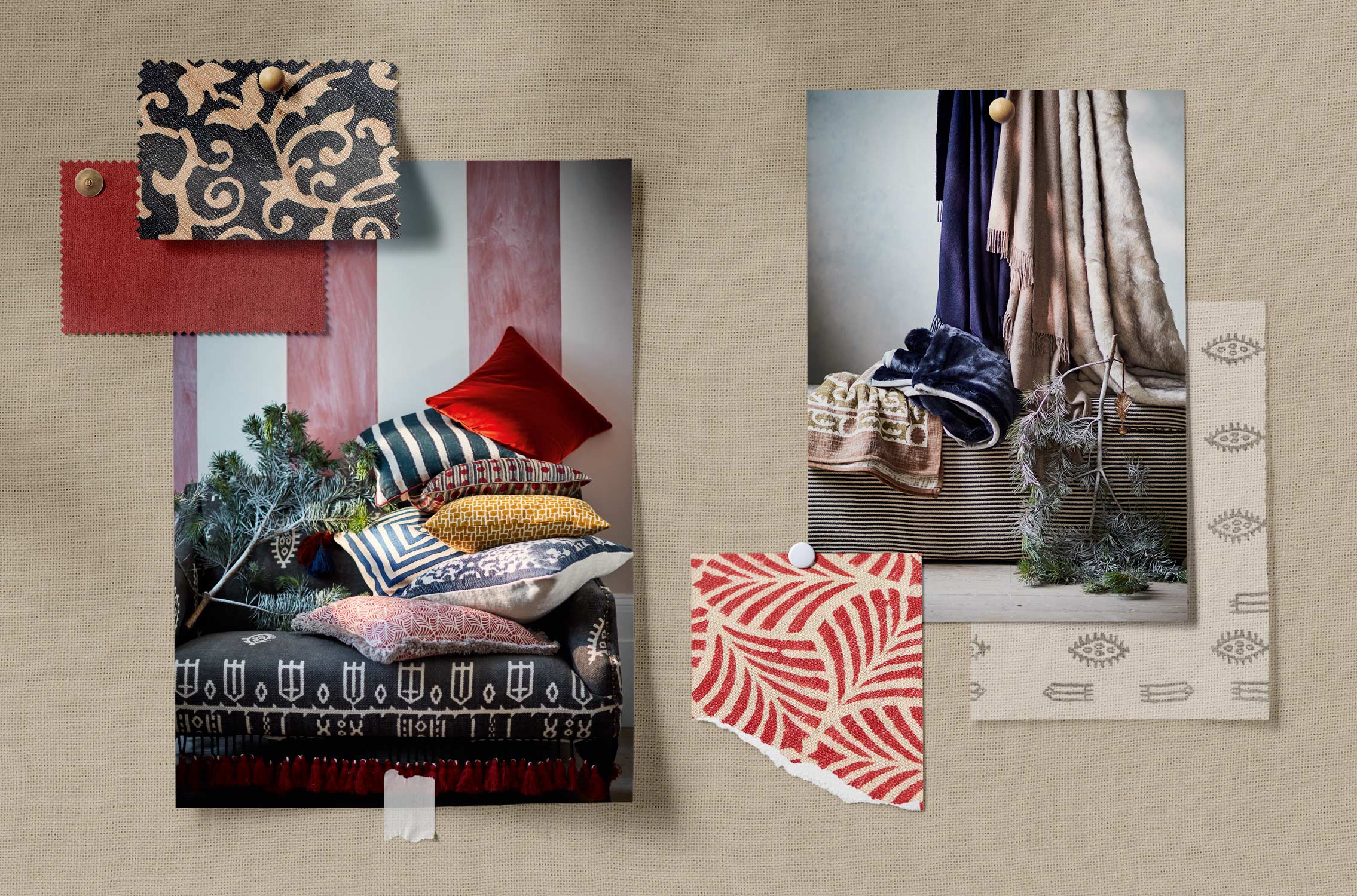 A moodboard of soft furnishings and fabric swatches in OKA prints