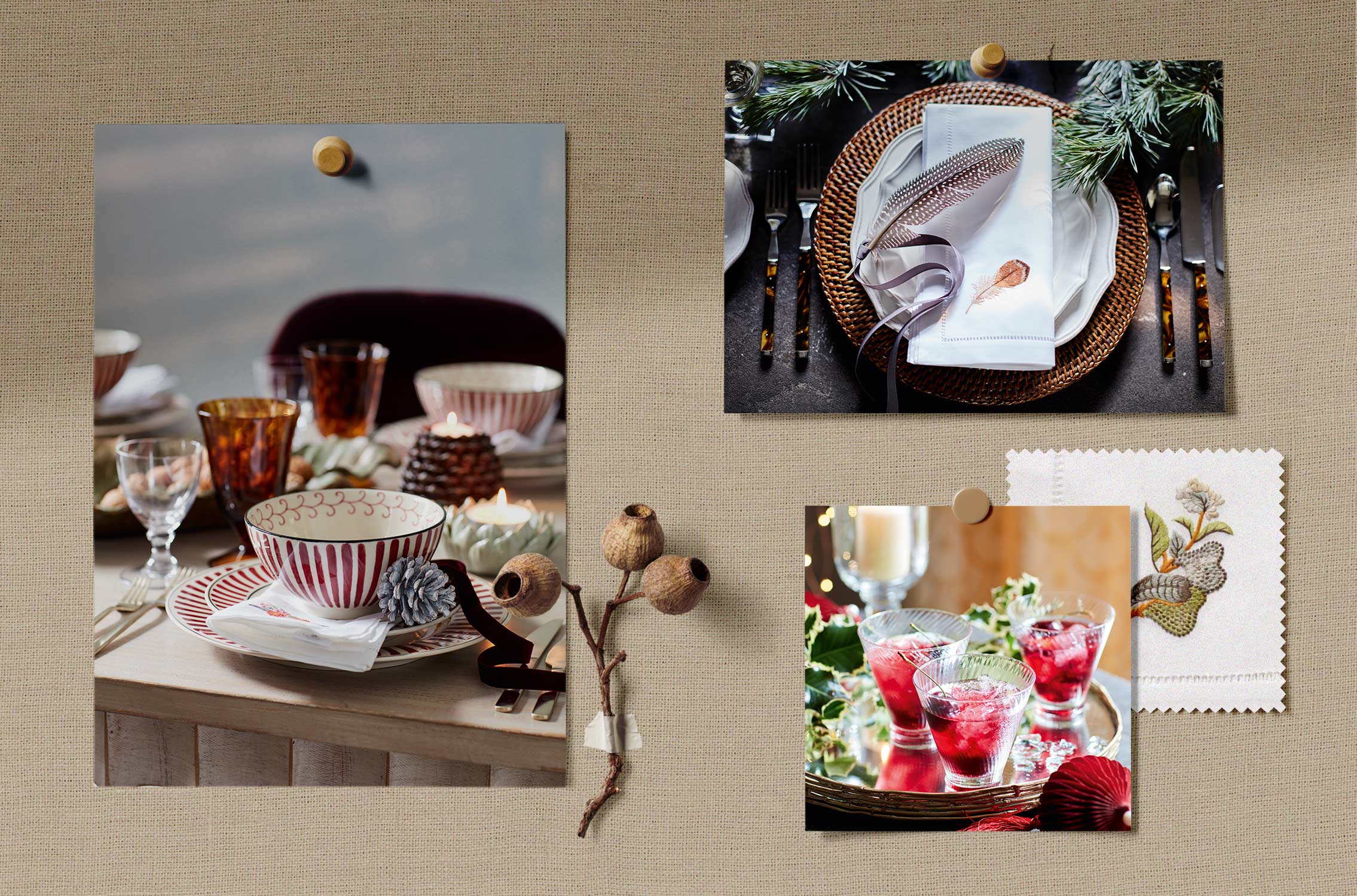 A moodboard of Christmas-themed table settings, with imagery and napkin swatches