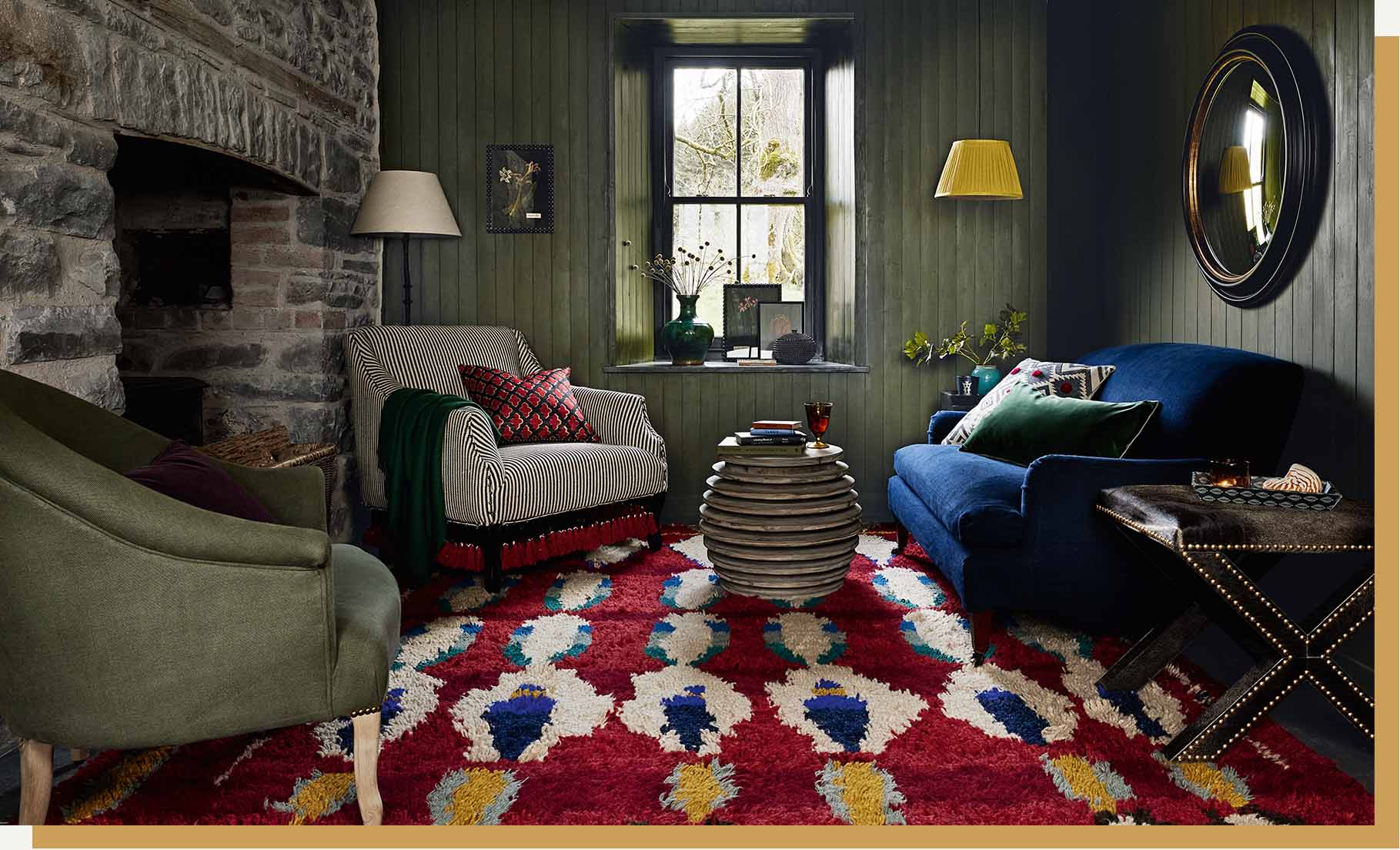 The living room of a Welsh cottage, decorated with bright furniture