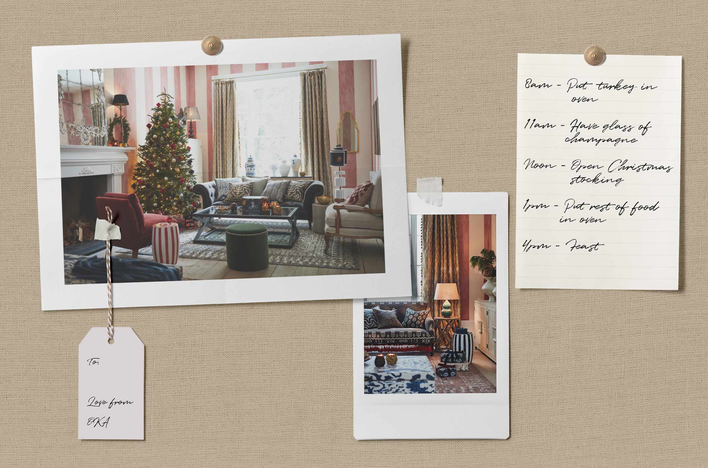 A pinboard-style collage with a photo of a Christmas tree, a festive sitting room and a graphic of a Christmas Day list