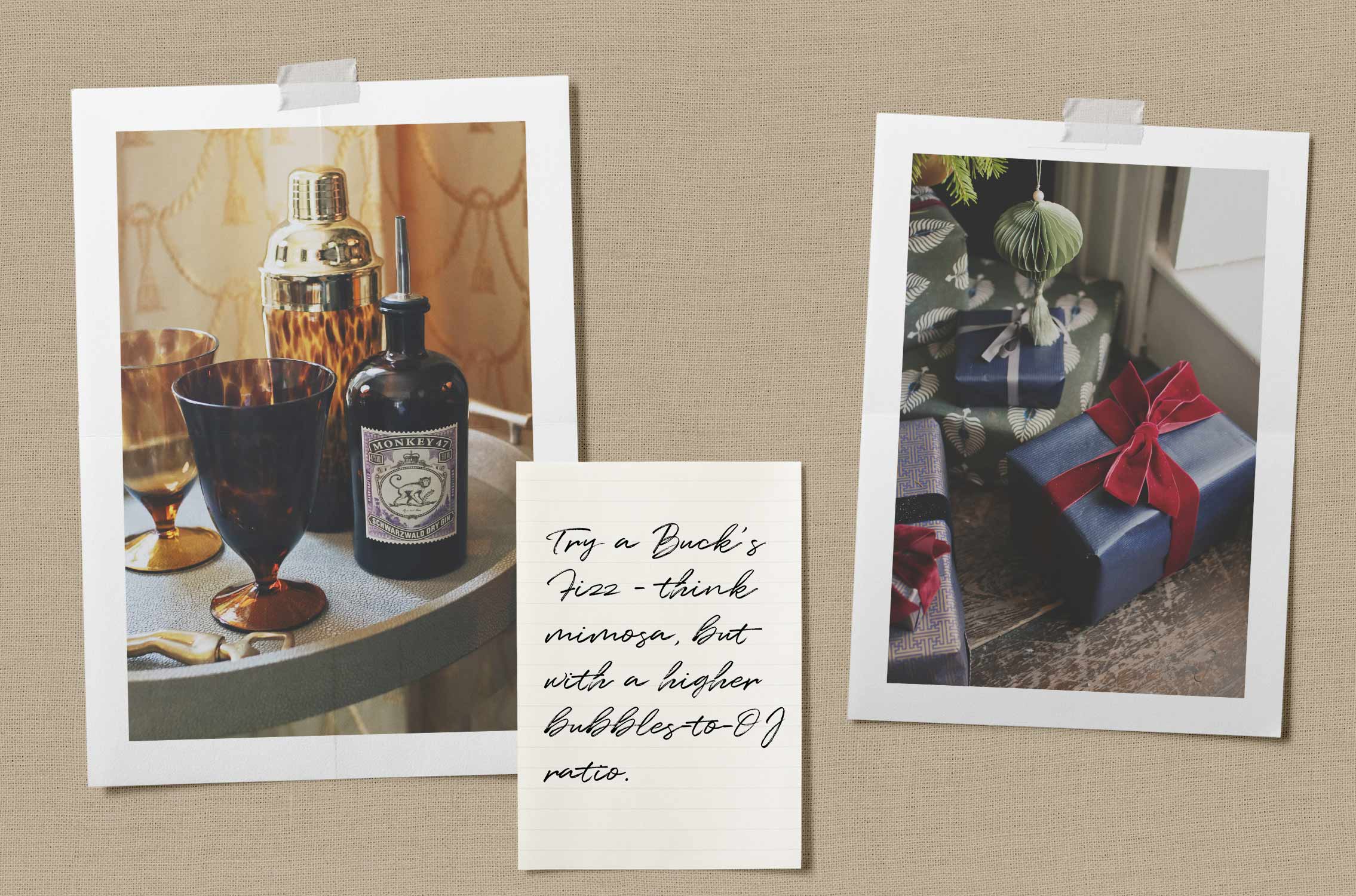 A pinboard-style image with photos of a cocktail shaker and drinks, gift-wrapped presents and a note with festive writing