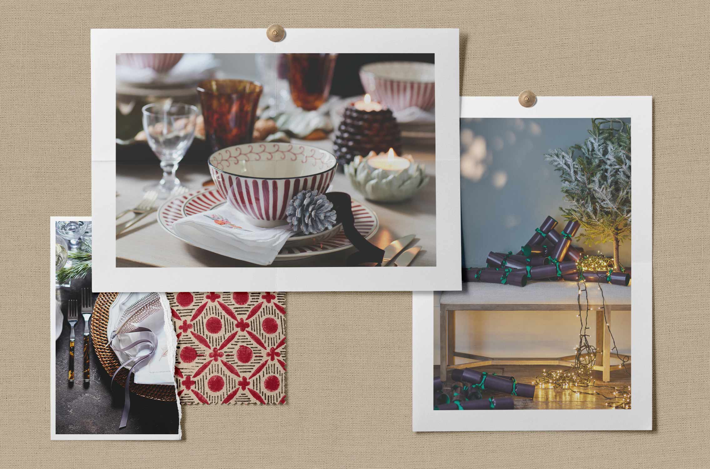 A pinboard-style moodboard with photos of a festive table settings, Christmas crackers and fairy lights and a red fabric swatch