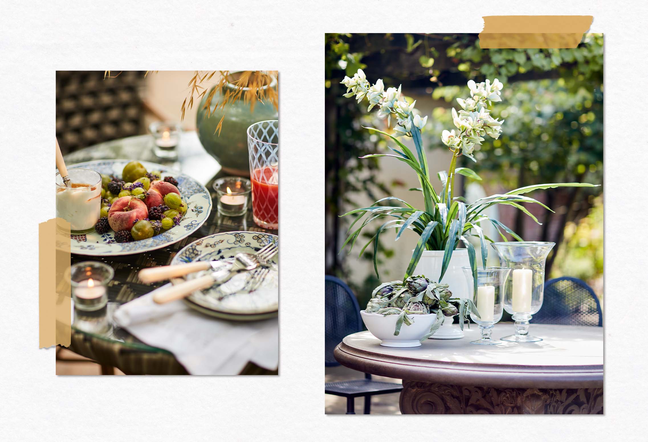 In the lefthand image, lunch is served al fresco on pretty patterned plates. In the righthand image, candles and vases of flowers sit on a round outdoor dining table.