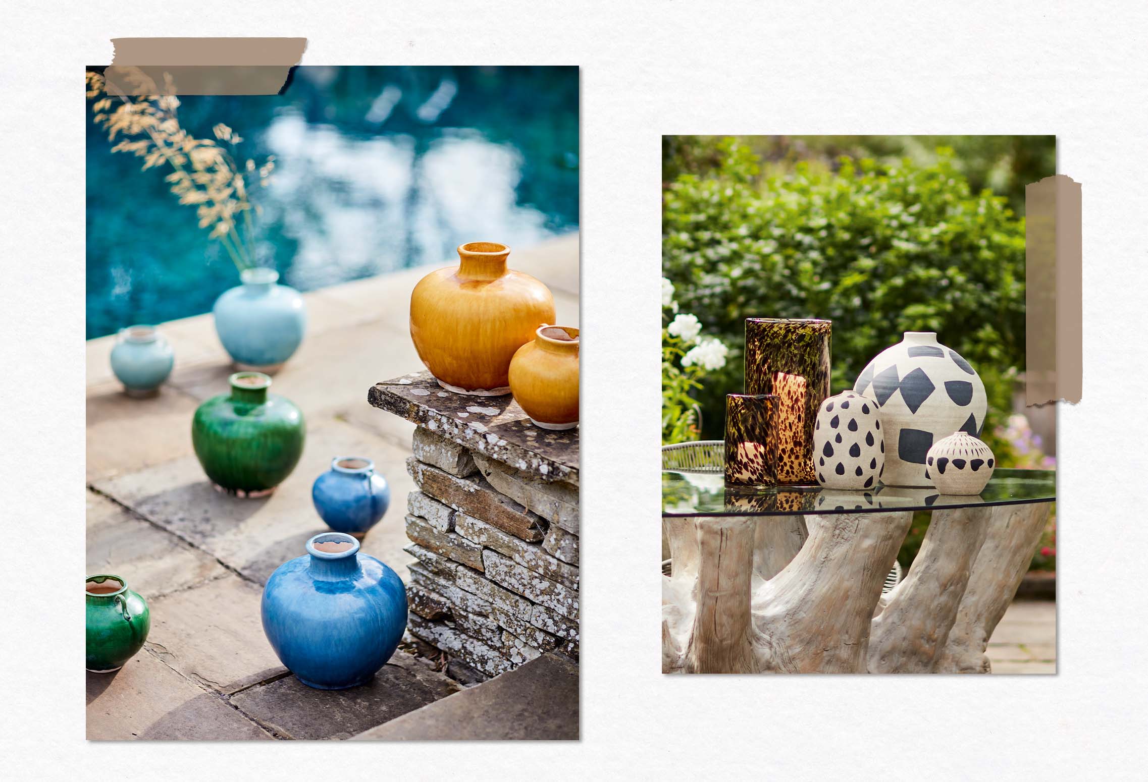 In the lefthand image, colourful yellow, blue and green pots are displayed by a pool. In the righthand image, abstract-print pots sit on a glass outdoor dining table top.