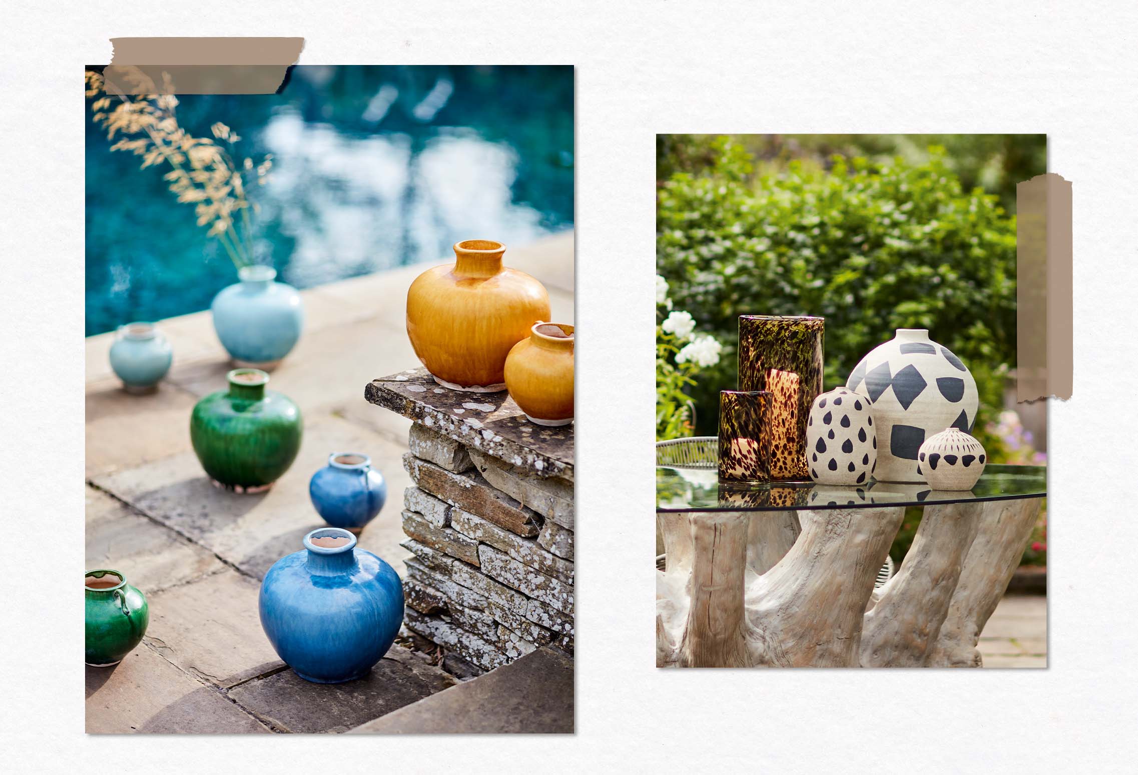 In the left image, colorful ceramic pots in green, yellow and blue are arranged by a poolside. In the righthand image, abstract pots are balanced on a glass dining table top.