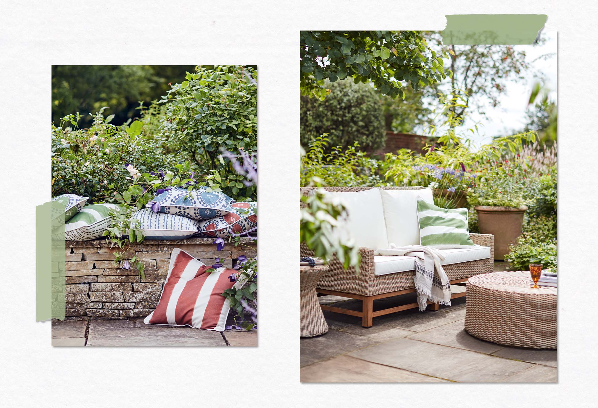 In the left image, colorful pillows are piled on a garden wall; in the right image is a garden sofa and coffee table set.