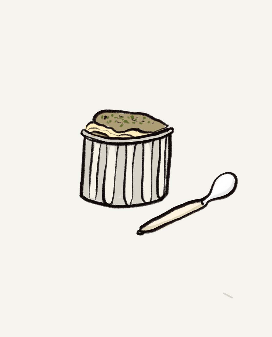 An illustration of a pot of clotted cream, with a teaspoon next to it