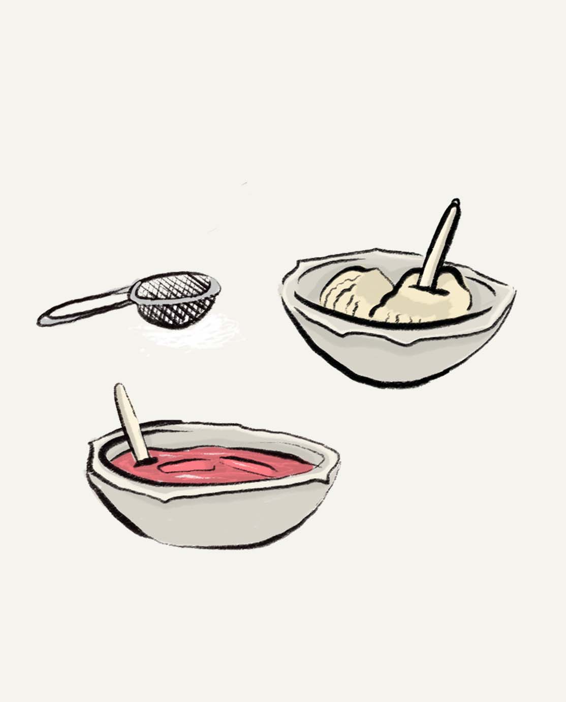 Illustrations of a bowl of clotted cream, rhubarb compote and a serving spoon