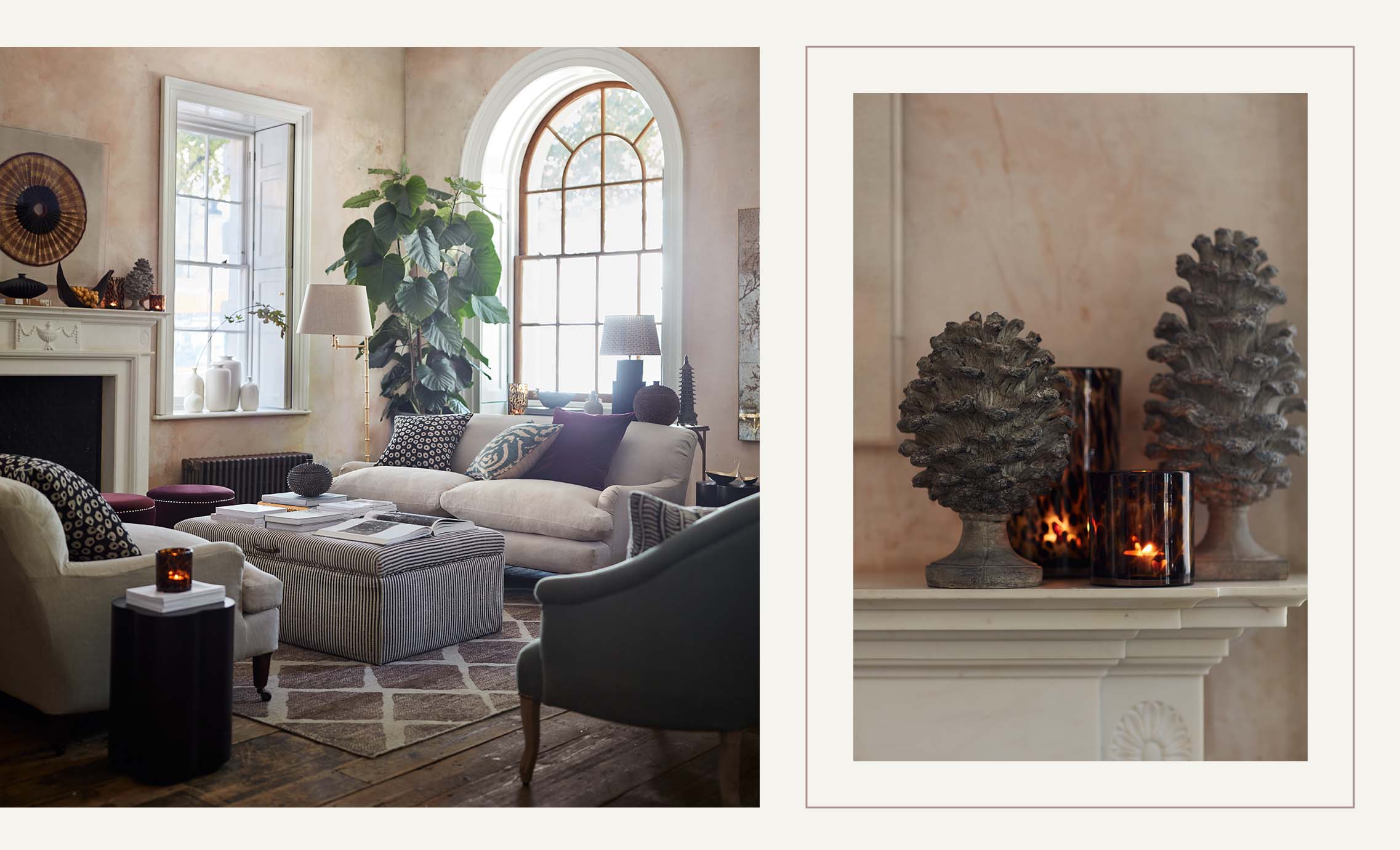 A sitting room with distressed walls, arched windows and a mix of grey, charcoal and striped furniture