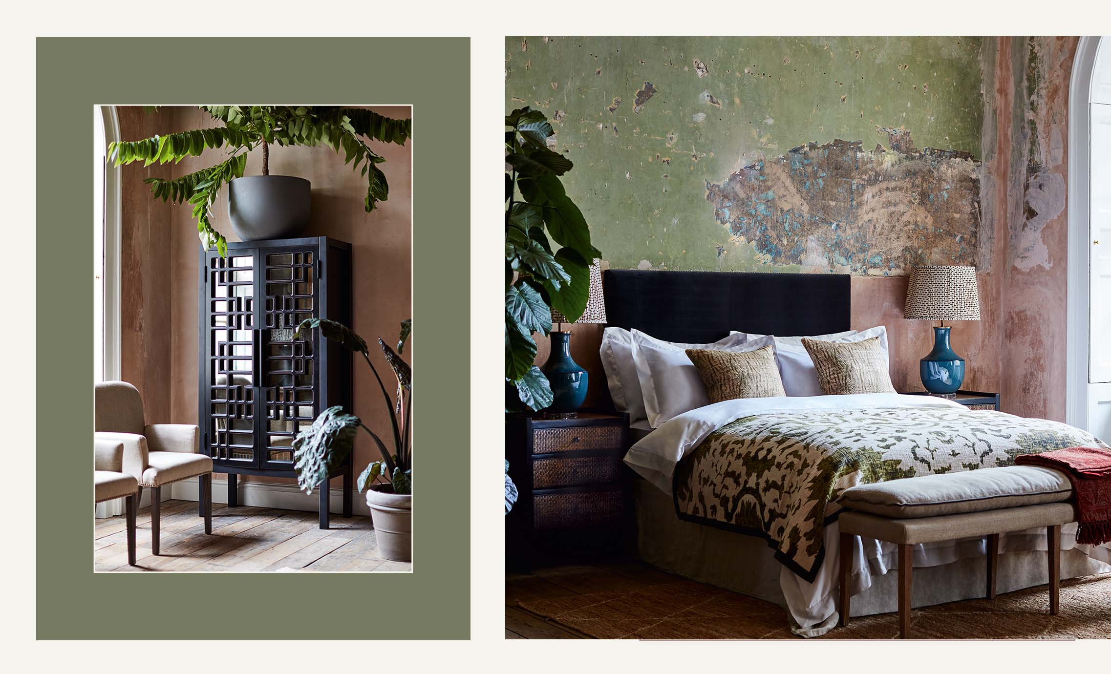 A bedroom setting in a heritage home, with distressed walls, cozy bedding and sculptural black accents.