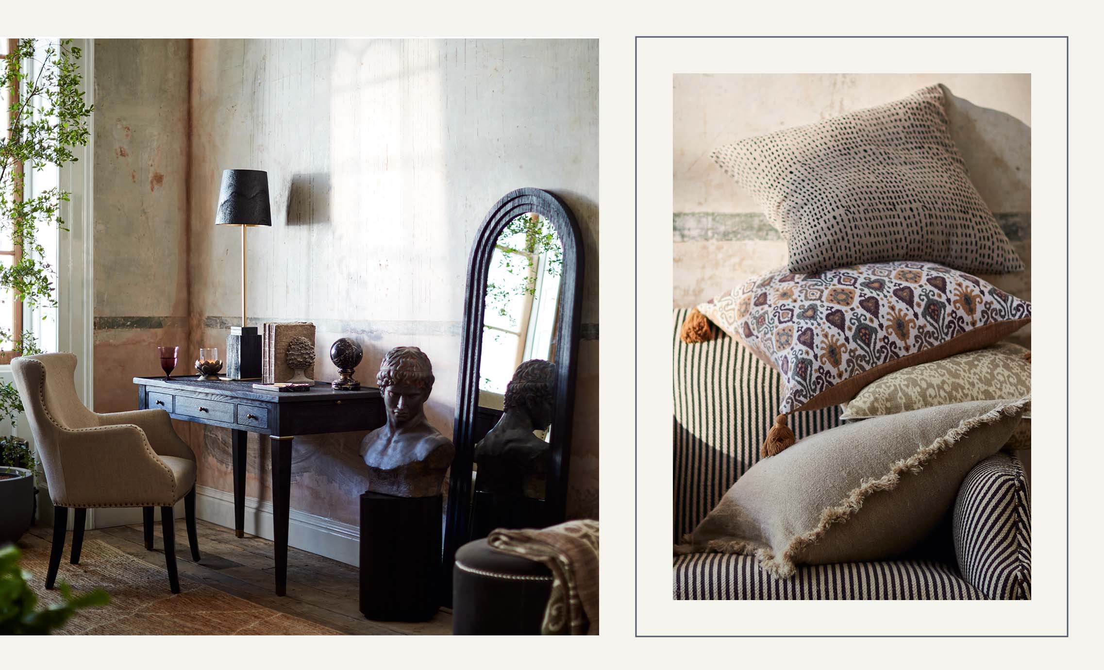 A study setting in a heritage home, with distressed walls, a black desk and neutral-colored armchair. Another image shows a pile of printed pillows on a striped sofa.