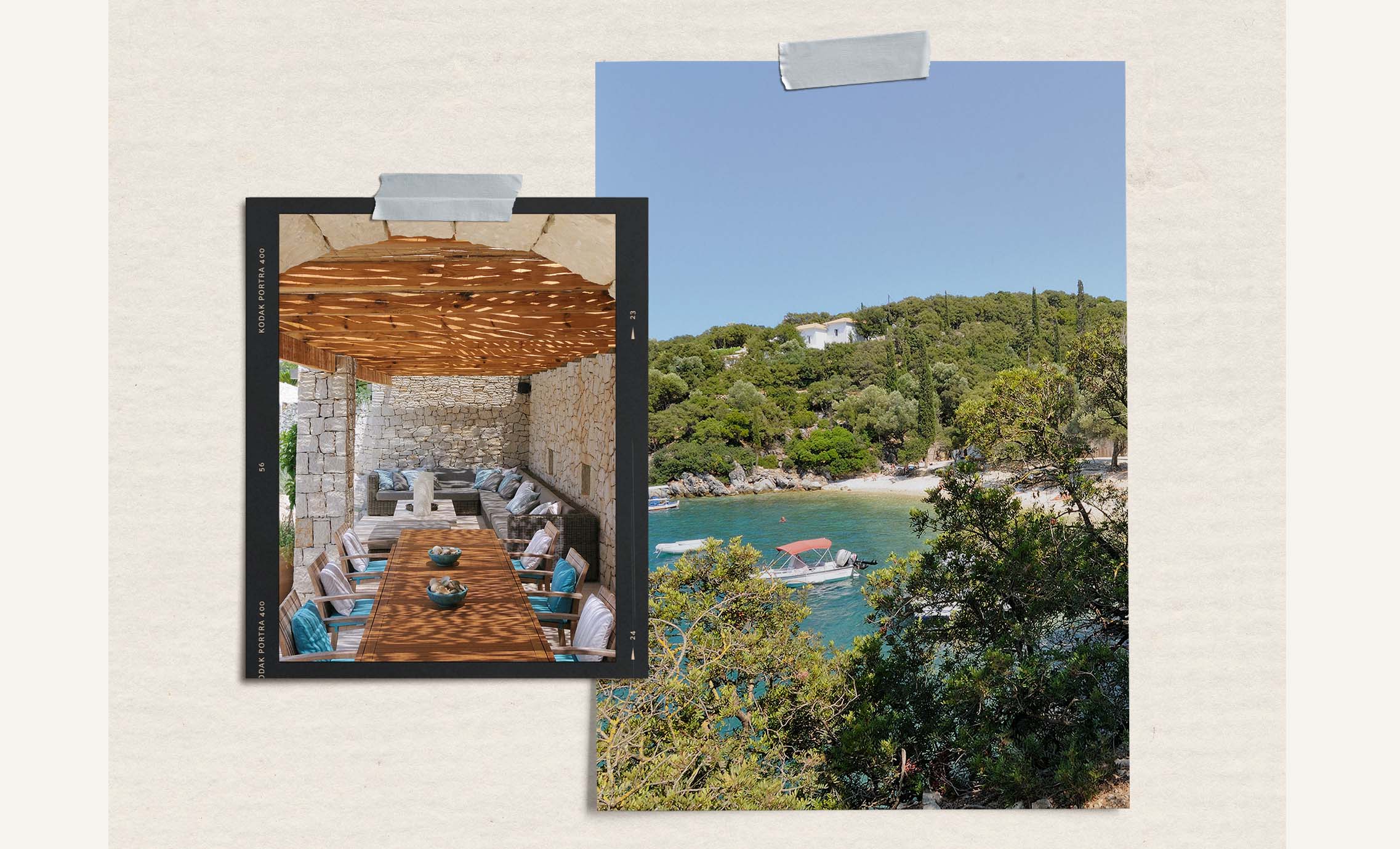 The image on the left shows a covered outdoor dining area bathed in sunlight and featuring white and blue pillows; on the right, a view looking out to a cove.