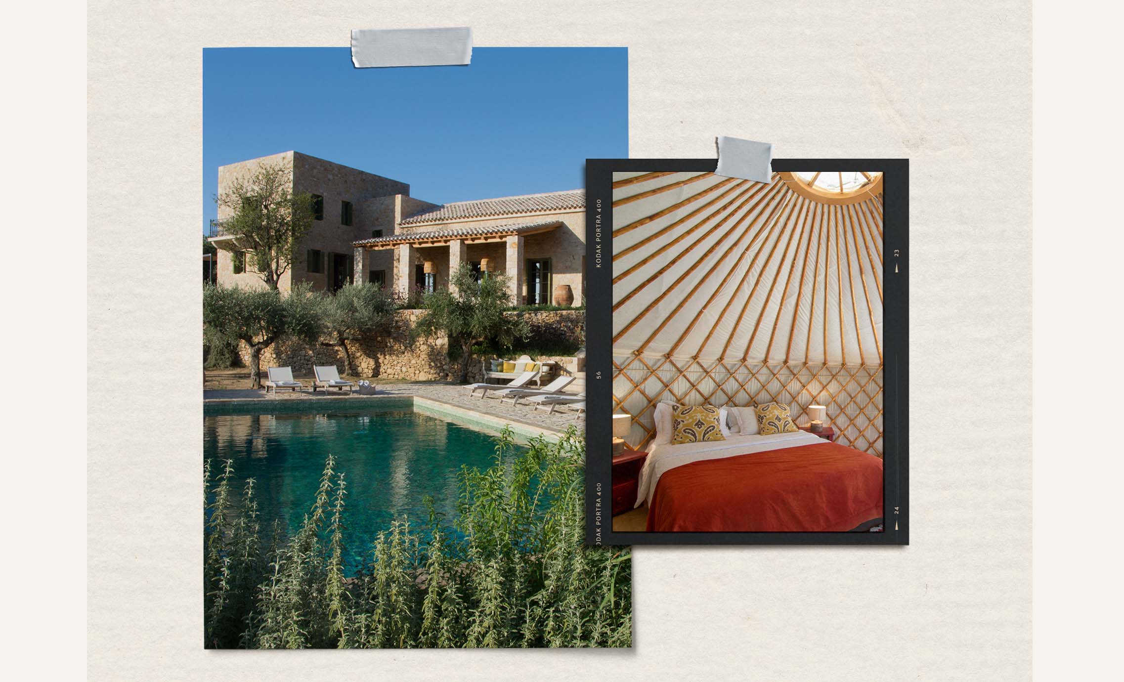 On the left, a metal four-poster bed in a white stone-walled room; on the right, a view through a window of a Greek island