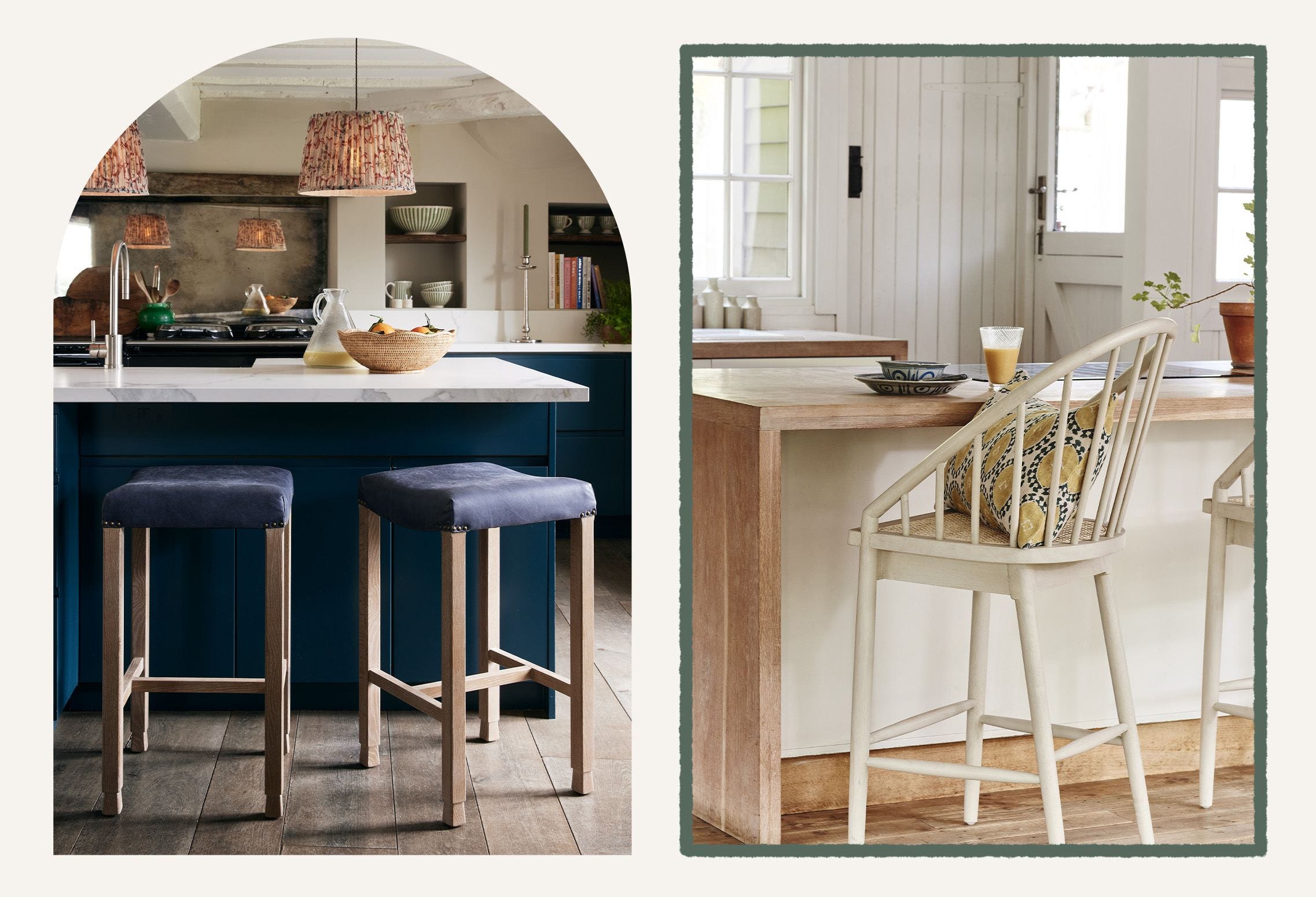 Two backless counter stools in navy leather pulled up to a navy kitchen counter, and a white wooden counter stool pulled up to a white kitchen counter.