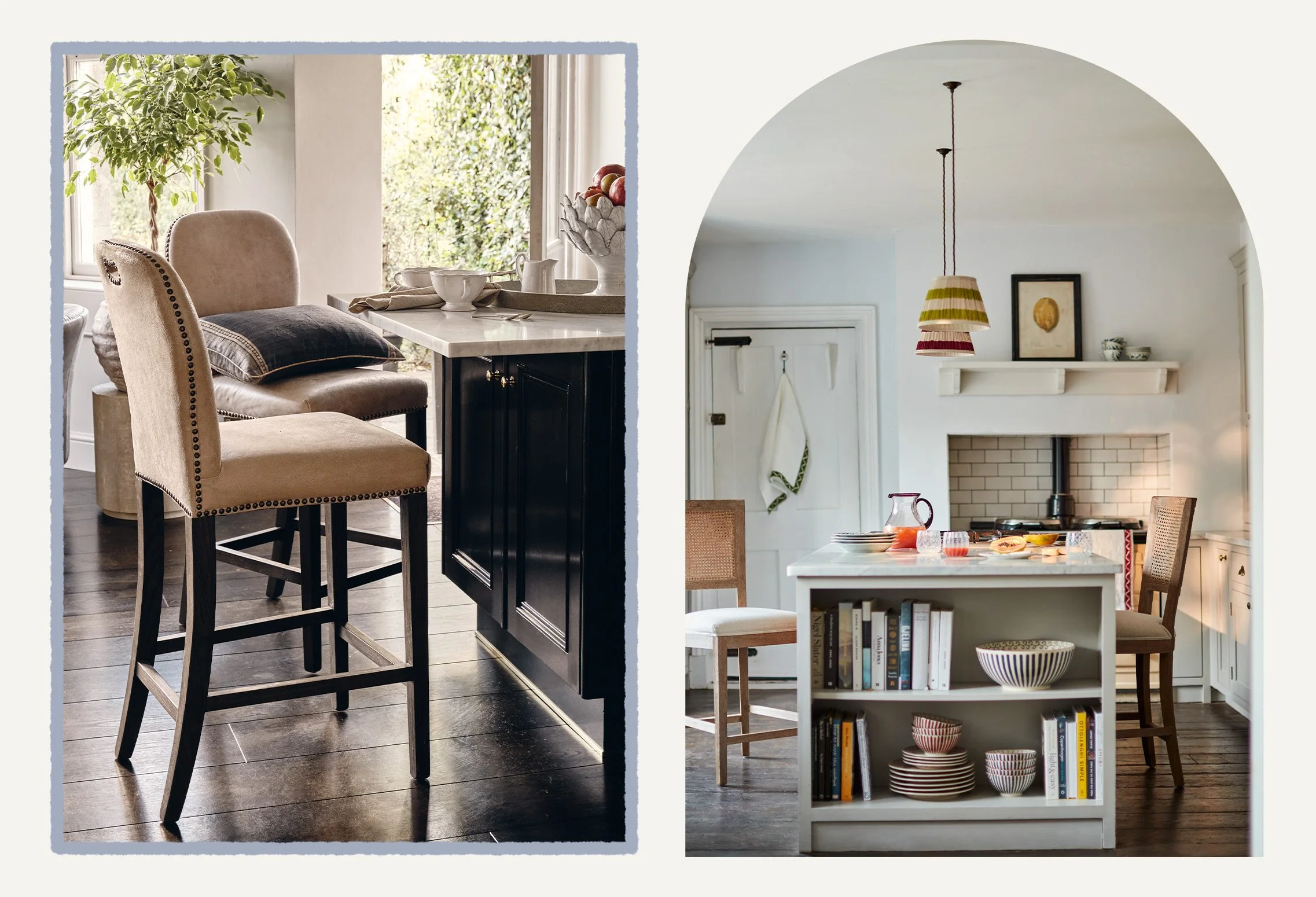 A leather counter stool with studded detail and two wooden counter stools with rattan detailing.