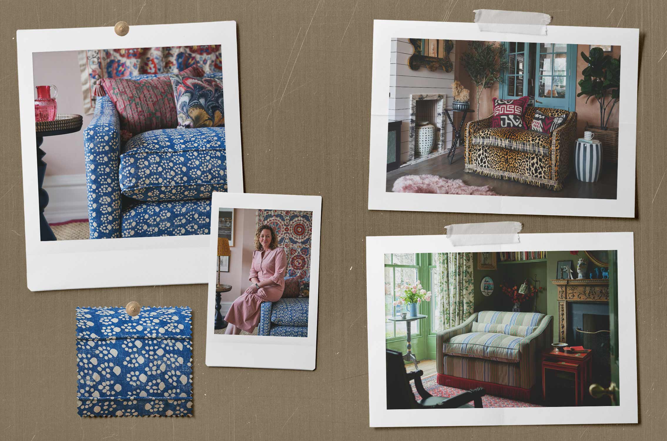 A collage of photos from the Tailored by OKA project, including a leopard print sofa, a blue sofa with paw print patterns and a green striped sofa