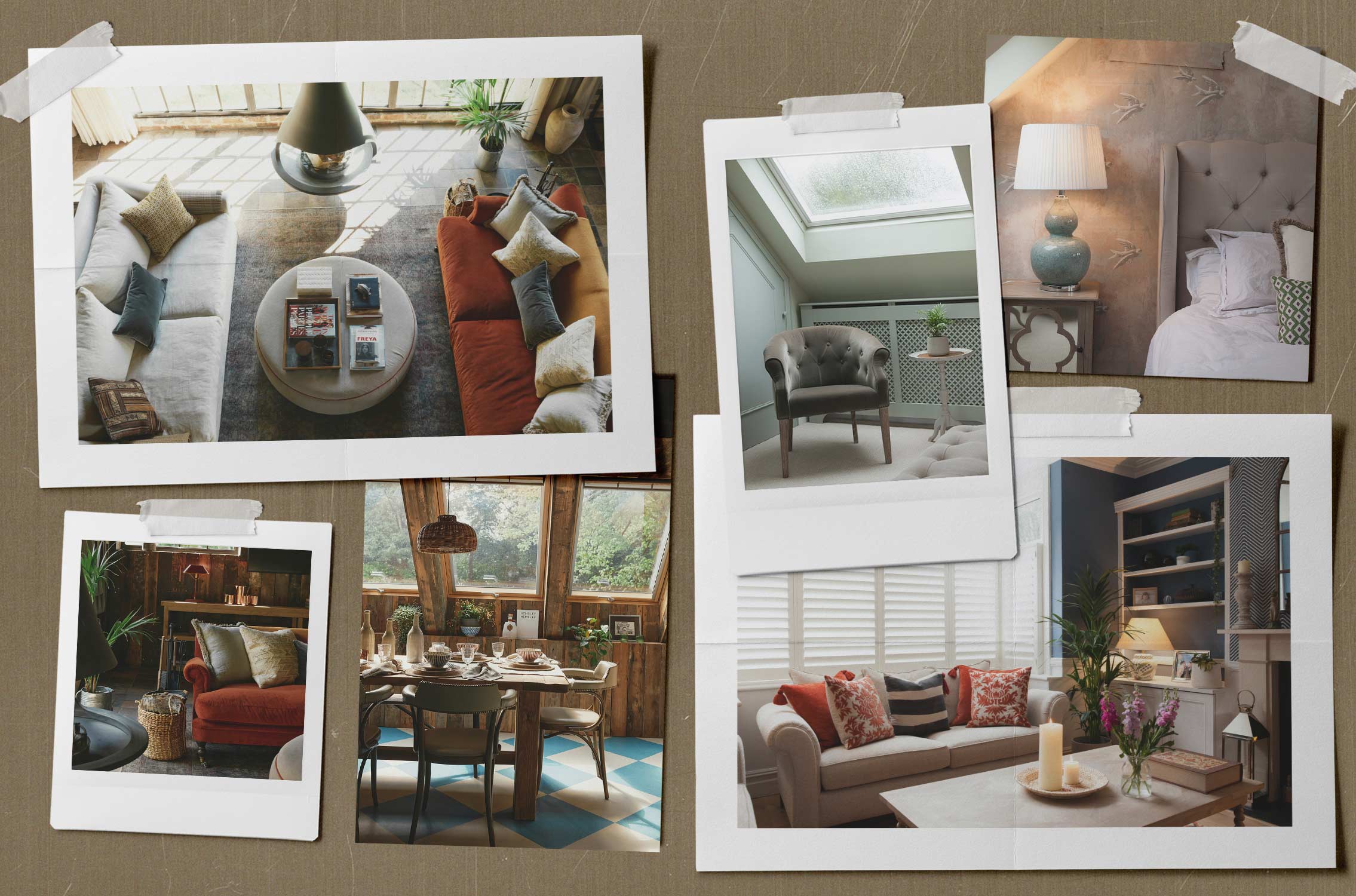 A collage of interior design images, showing sitting rooms, dining areas and cosy corners