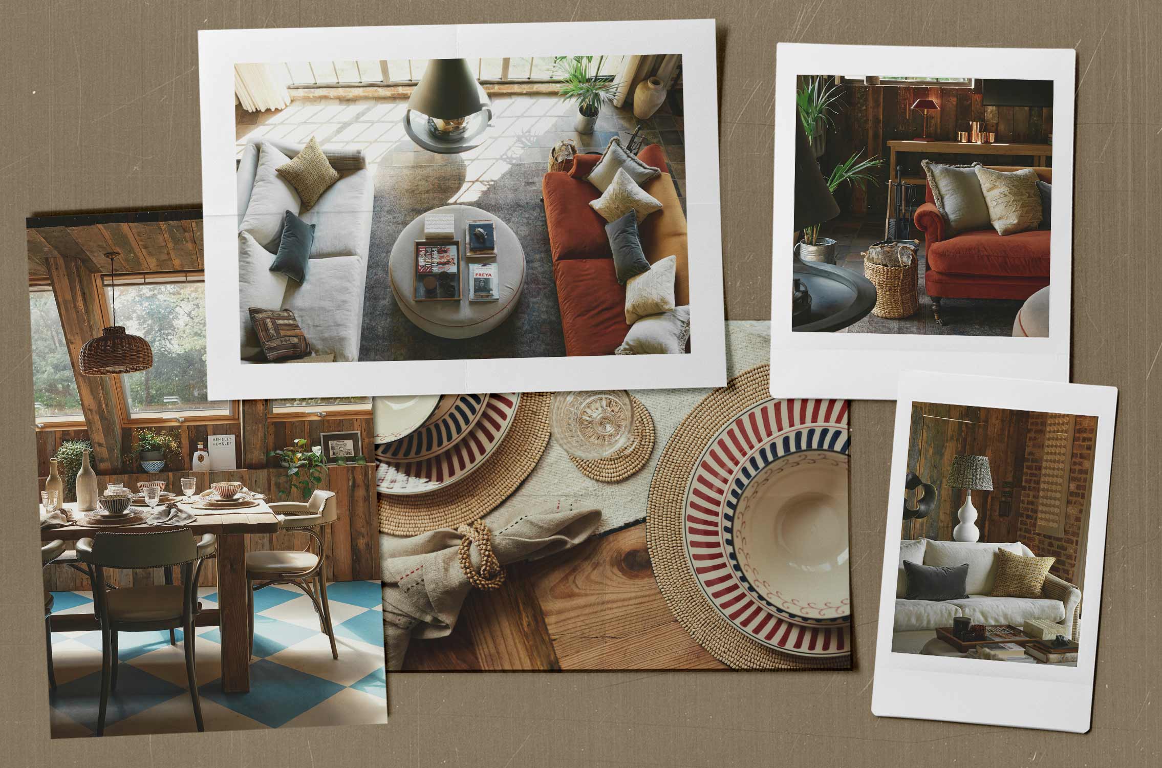 A selection of images showing the Cotswolds country home interior, featuring a striped tablescape, a dining area and a cosy sitting room