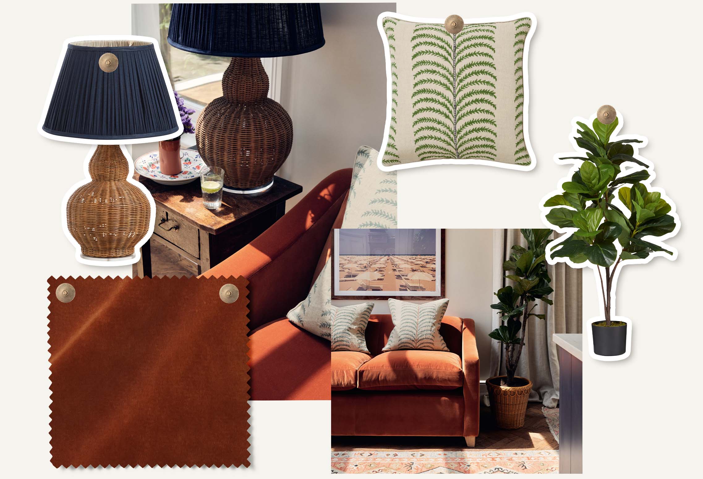 A collage-style image, showing an orange velvet sofa, rattan lamp, palm-print pillow and large plant.