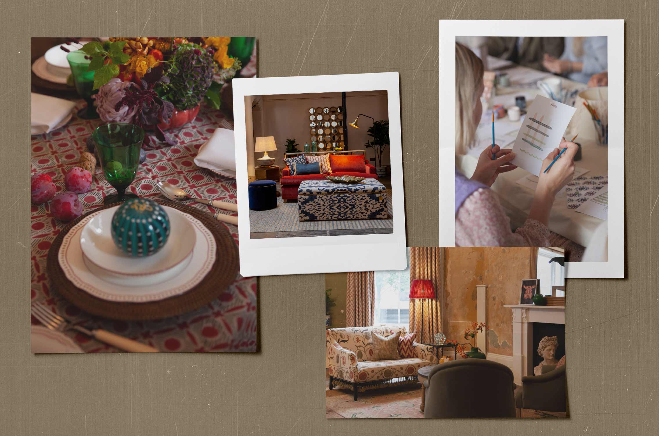 A collage of images from the Old Sessions House event, include a red and white tablescape, a woman holding a painted piece of paper and colourful room sets