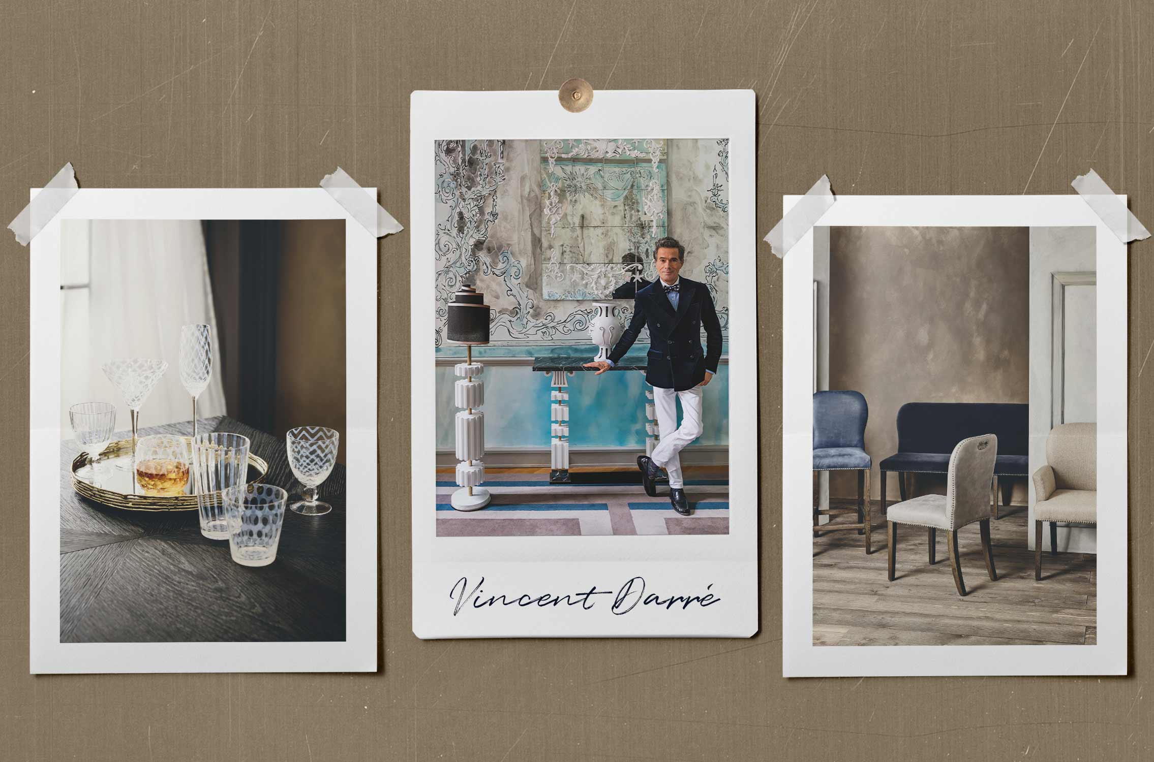 Printed Pulcinella glassware on a mirrored tray, Vincent Darre leaning against a console table, and a selection of Stafford chairs