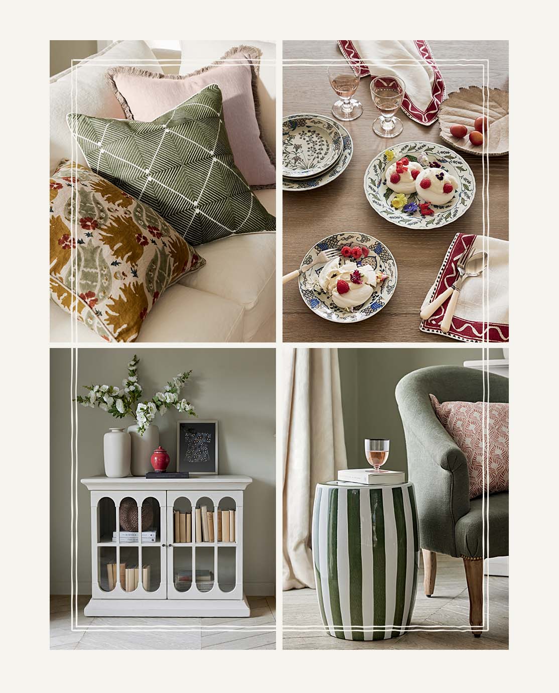 A series of four images showing corners of an English country house, including a patterned table setting, pillows and a striped stool.