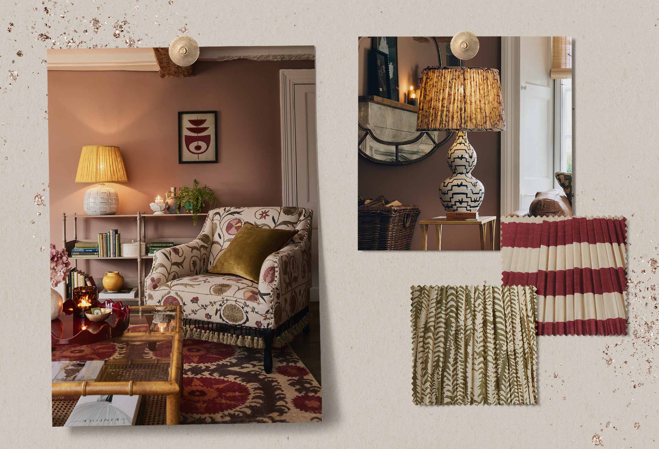 A pinboard-style image with photographs of striped lampshades, a patterned sofa and fabric swatches