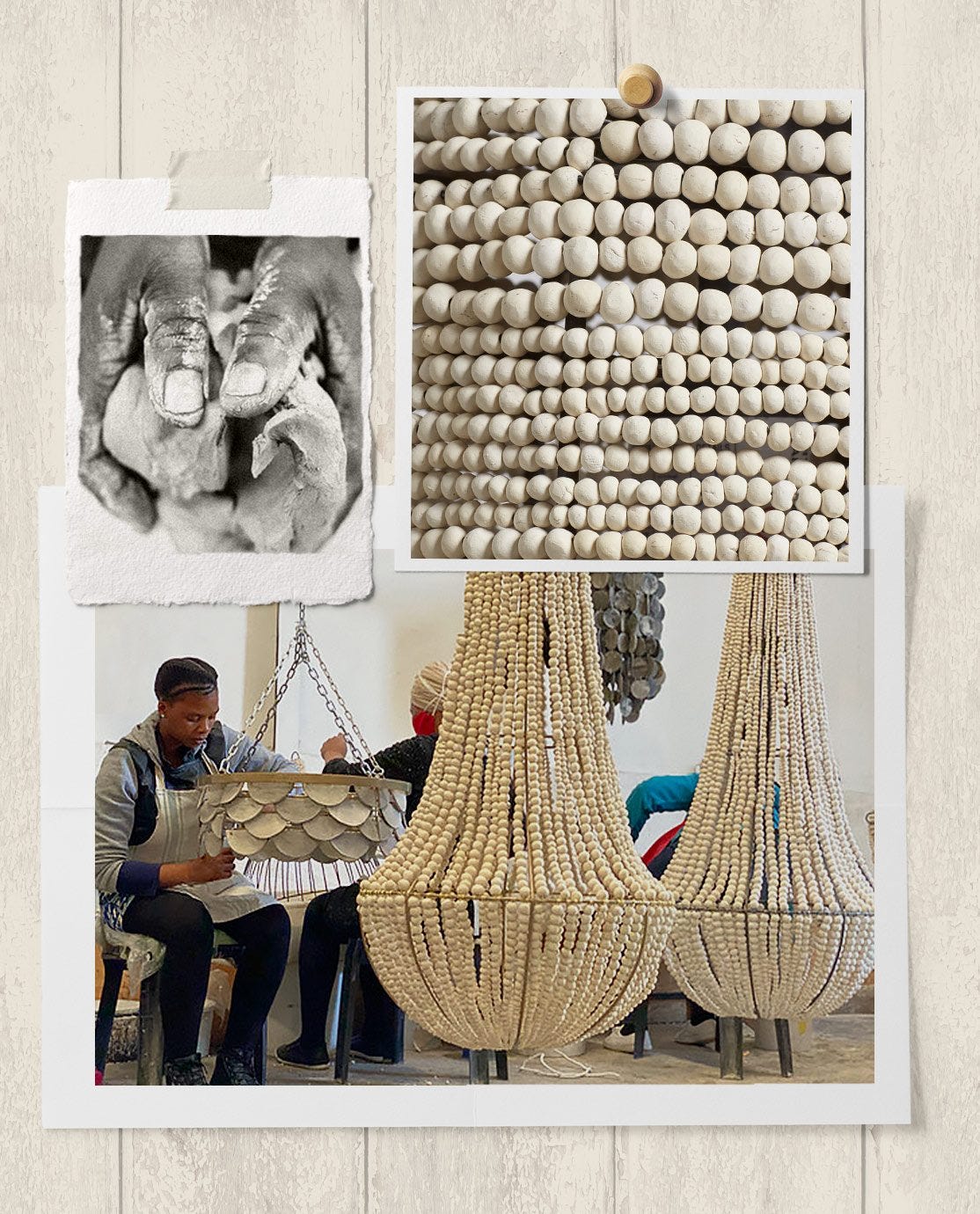 Three images showing the handmaking process of clay lighting