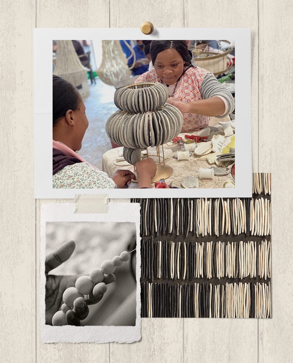 Three images show the handmaking process of clay accessories, including a clay wall art