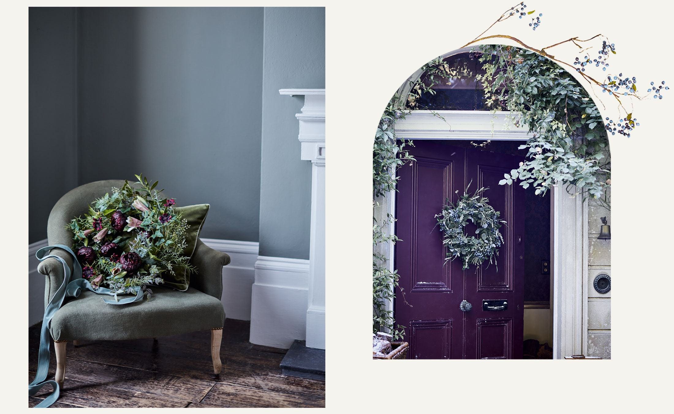 Two images, one showing a festive faux wreath balanced on a green armchair, and the second a faux wreath hanging from a purple front door.