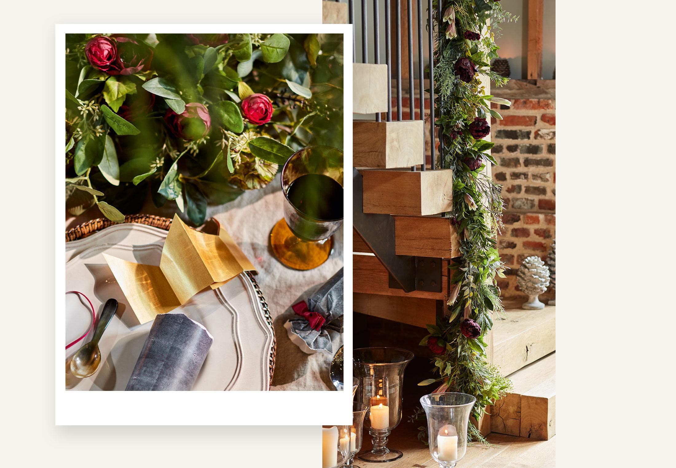 Two images showing festive foliage being used to decorate a table and the bannister of a staircase.