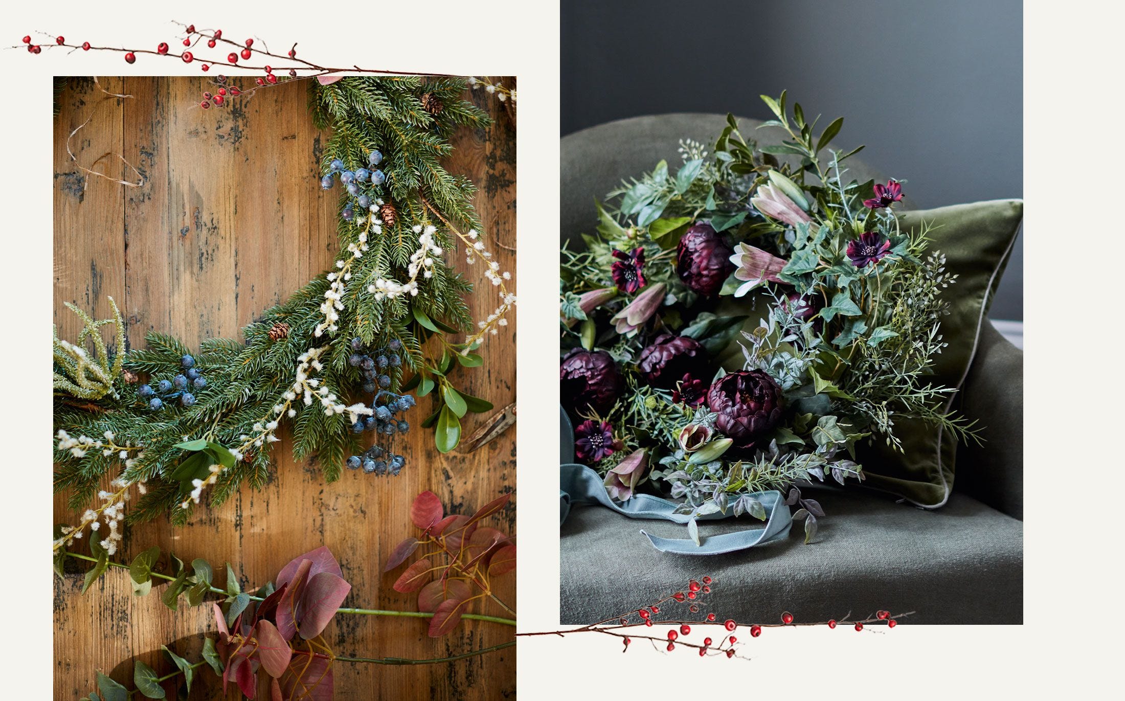 Two images; on the left, a close-up of a festive wreath being made; on the right, a close-up of a ready-made faux wreath sitting on a green armchair.