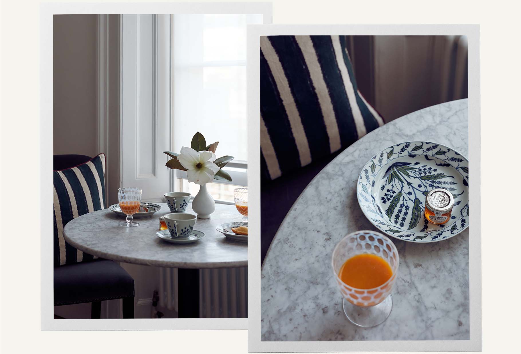 Zara Martin's marble-topped dining table, decorated with OKA's blue-printed Isphahan crockery and Pulcinella glasses