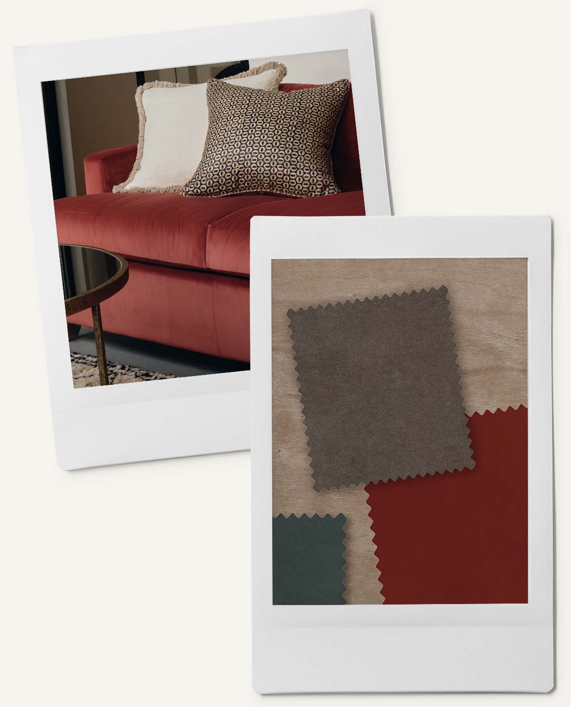 Close-up shots of OKA's Clever Velvet sofas and swatches of the colors.