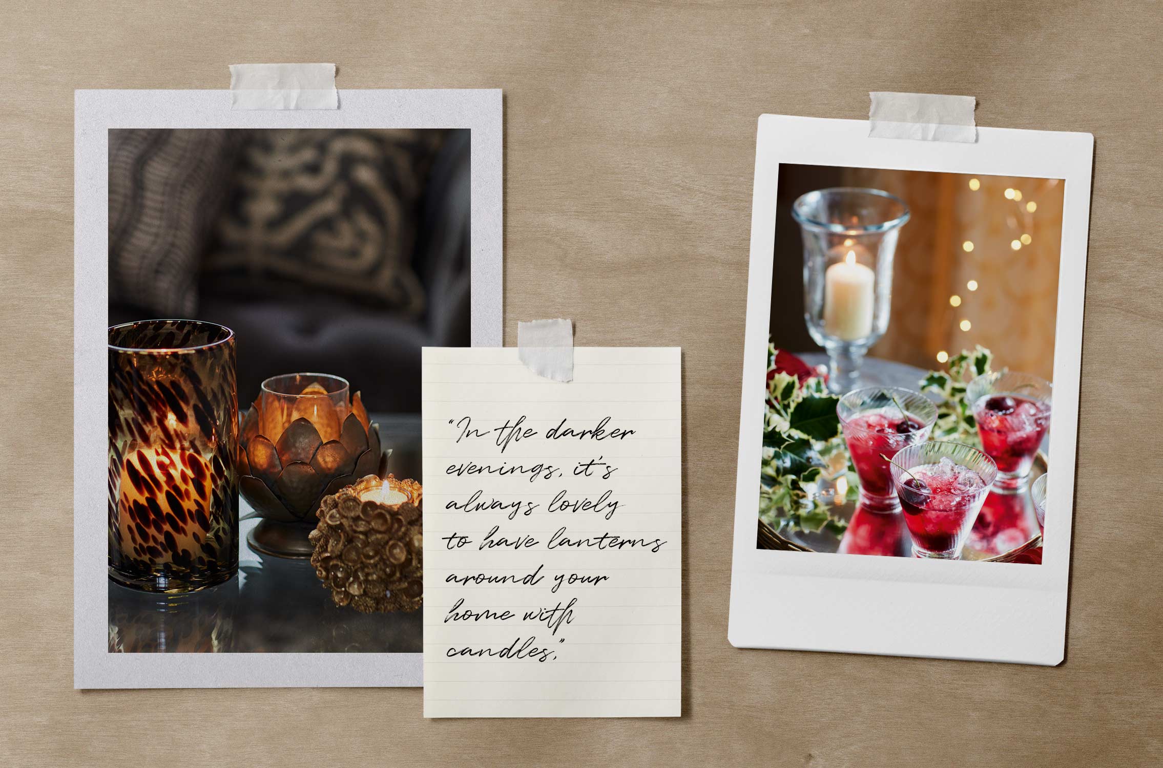 A pinboard of candle imagery, with gold nature-inspired candles and red cocktails lit by a glass candle lamp