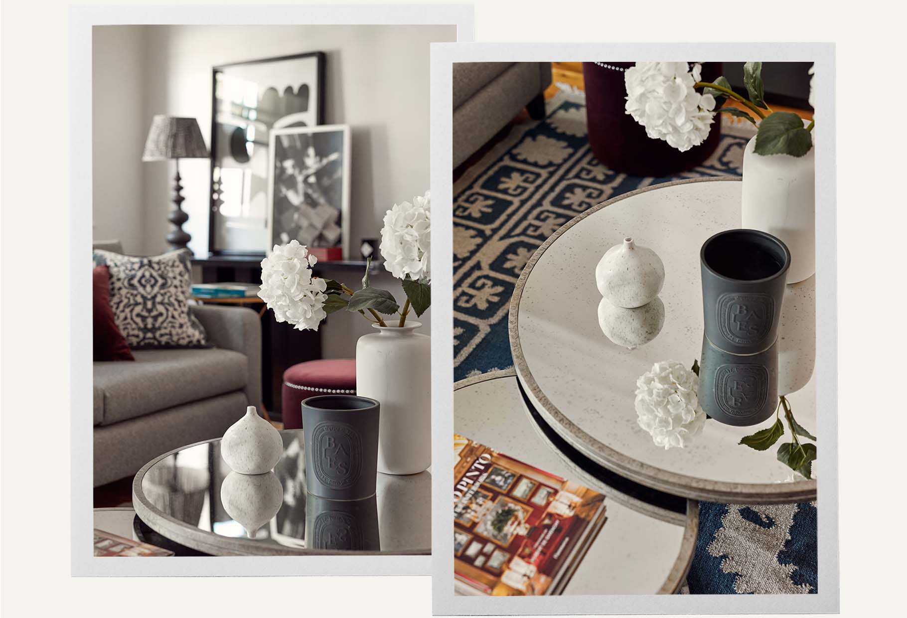 Zara Martin's sitting room. Two mirrored OKA coffee tables sit on top of a blue and white printed rug. A red ottoman and grey sofa are in the background.