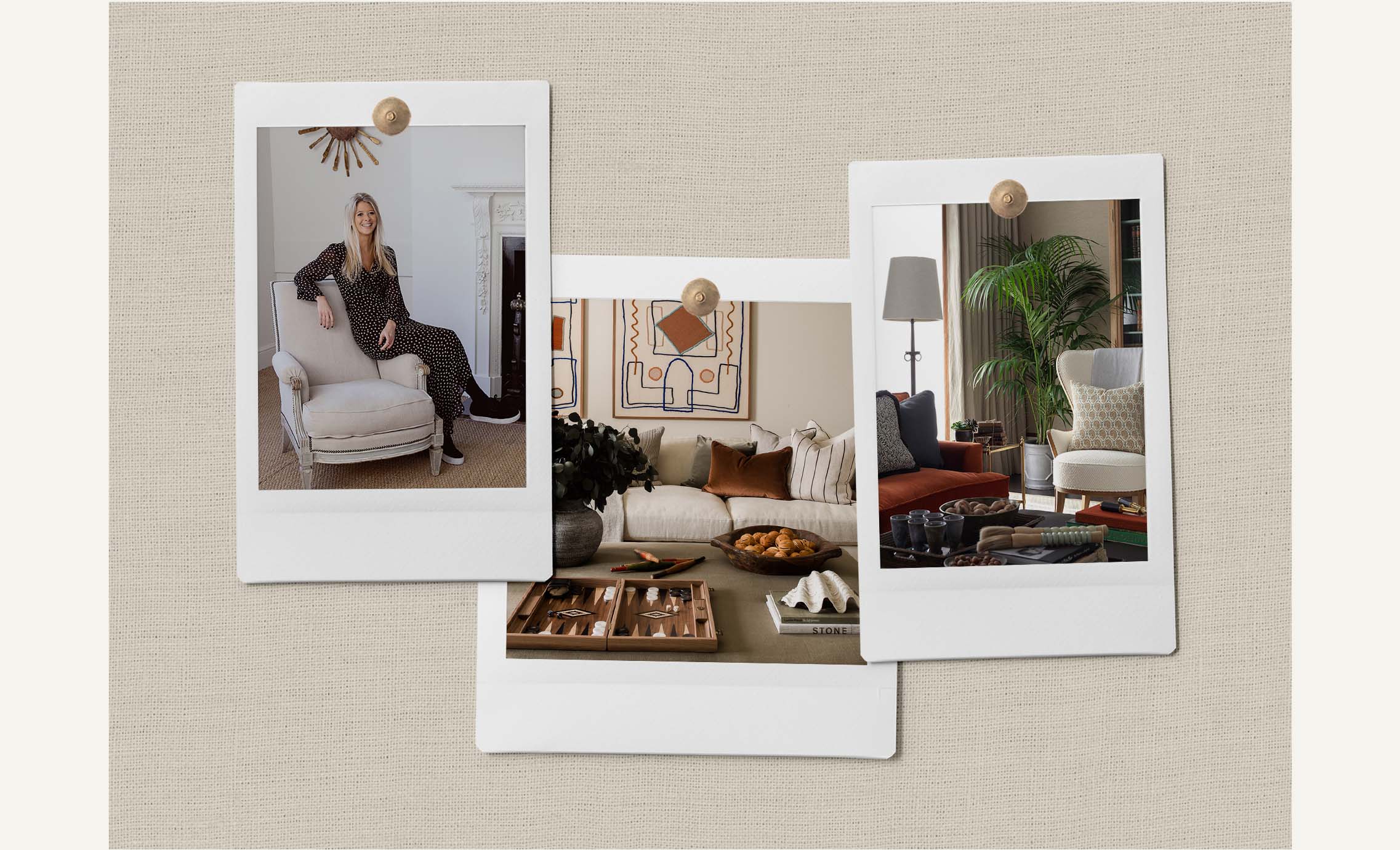 Three photos showing Camilla Clarke wearing a spotty dress and sitting on an armchair, and two neutral sitting room settings with burnt orange accents