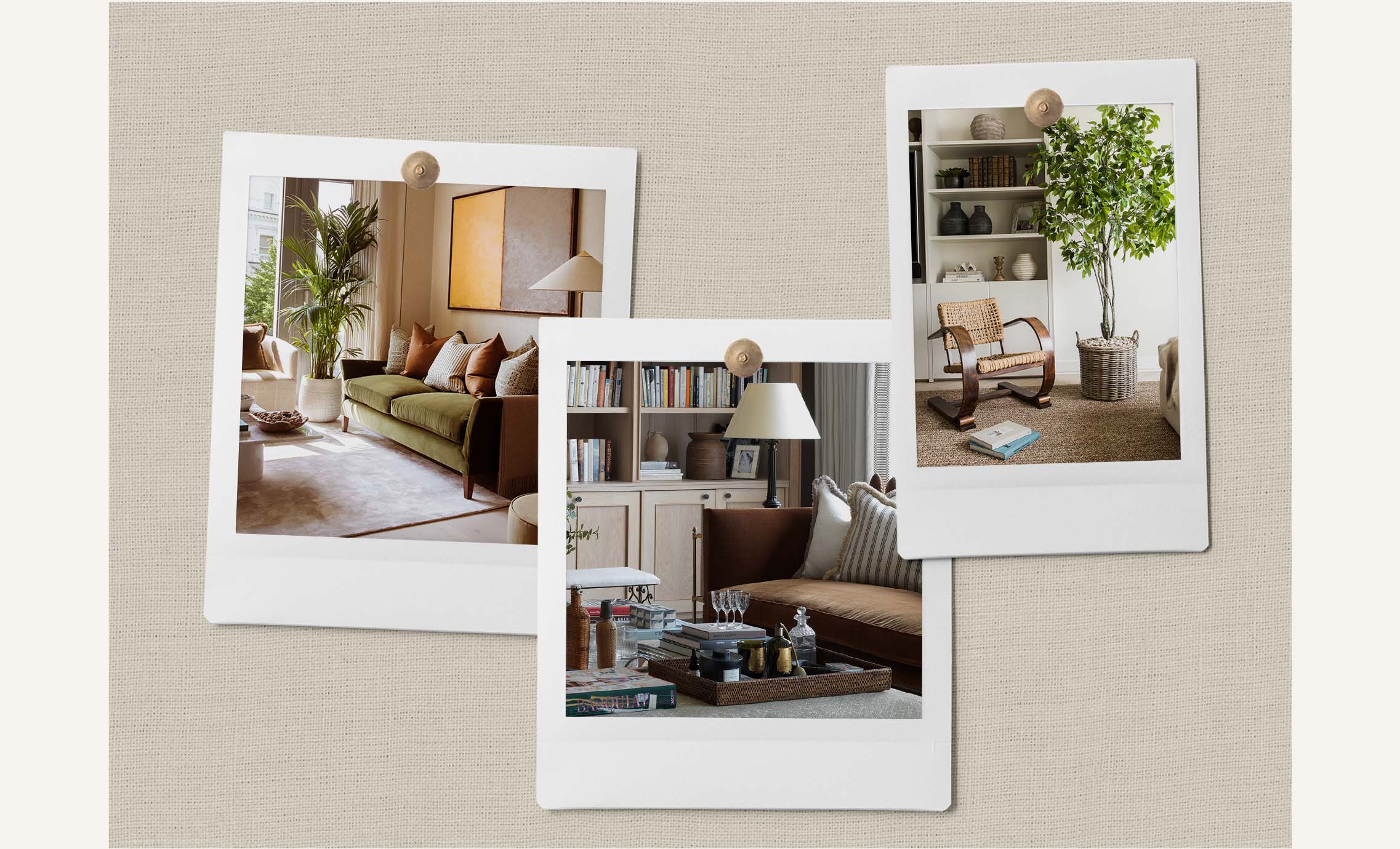 Three photos showing a sitting room setting with a velvet green sofa, a sitting room setting with a coffee table and brown sofa, and a rattan armchair sat on a jute weave rug.