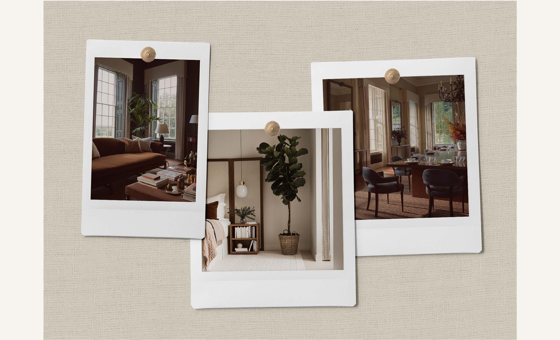 Three photos showing a cosy sitting room with large windows and a velvet sofa, a light neutral bedroom with a large plant, and a cosy dining room with leather chairs