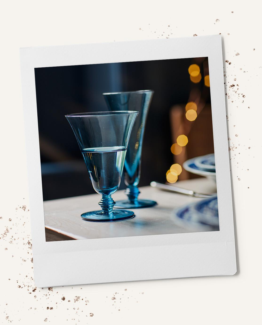 Blue glassware on a table