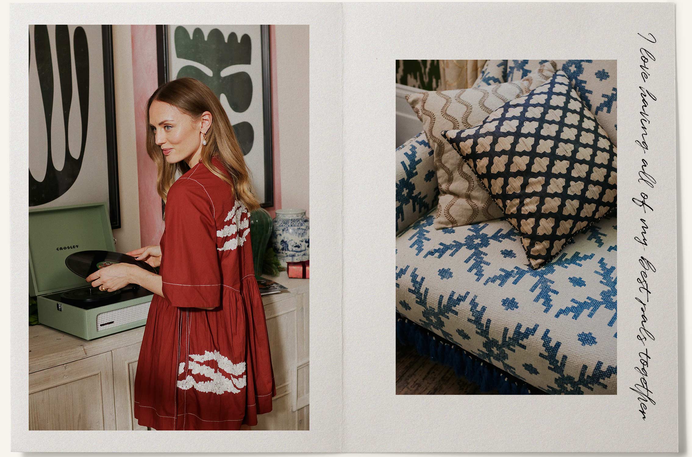 Blue and gold-themed bedroom with lots of pattern and tactile fabrics