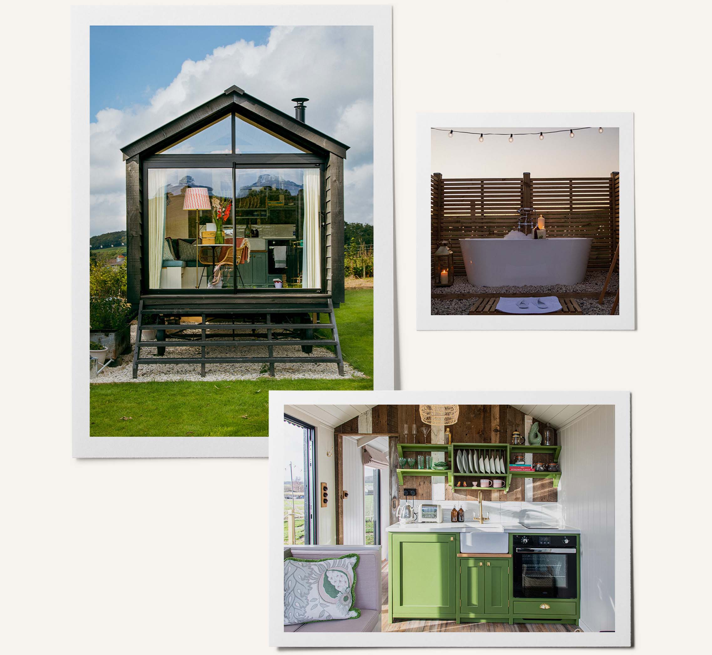 Three images show the exterior of a shepherds hut at Aller Dorset, an outdoor bath tub surrounded by wooden panels and the interior of the hut, with a bright green kitchenette.
