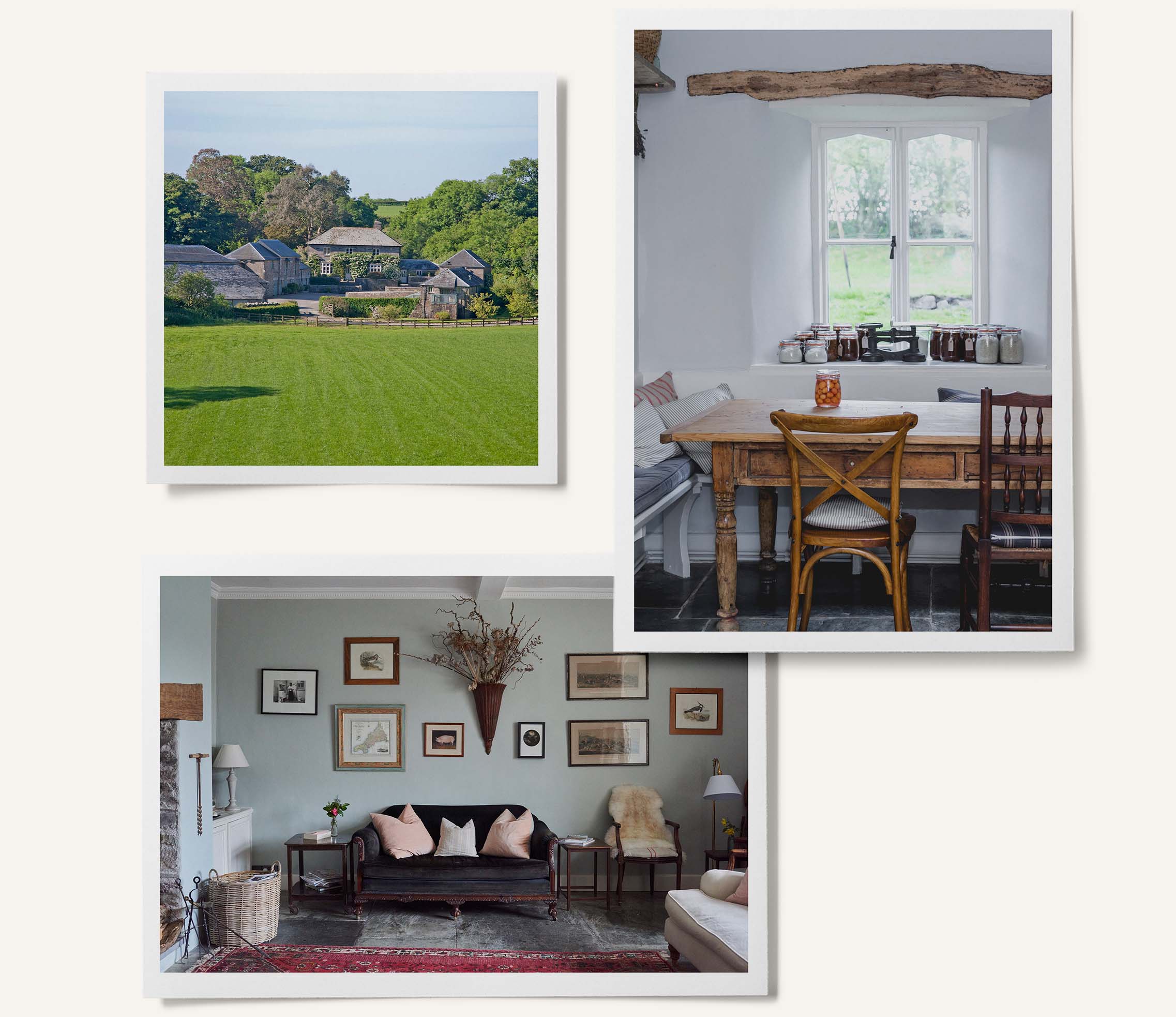 Three images show the exterior of Coombeshead Farm and the cosy interior of the Grain Store 