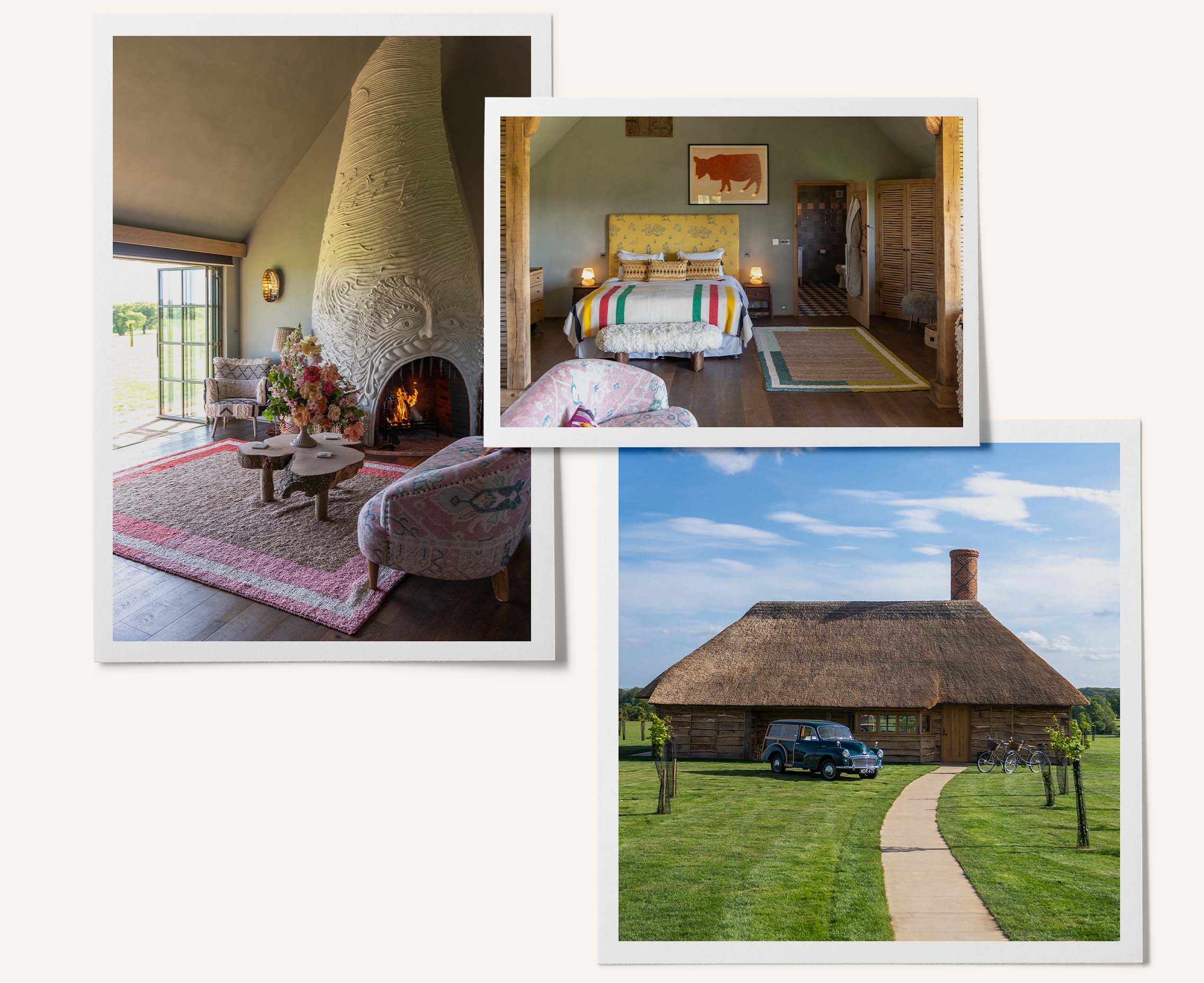 Three images show Hayjack at Wilderness Reserve, including a shot of the carved mythical fireplace, a cosy bedroom and the exterior of the wooden chalet.