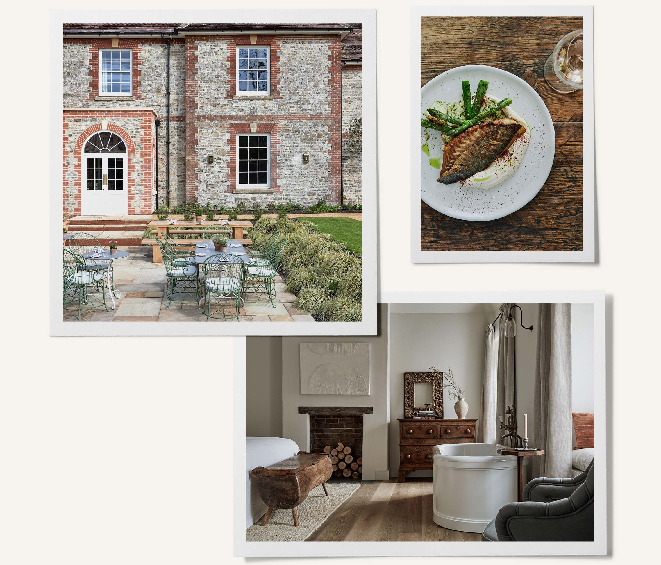 Three images show the a garden courtyard at The Bradley Hare, an aerial shot of a fish dish and a cosy bedroom with a freestanding bath tub.