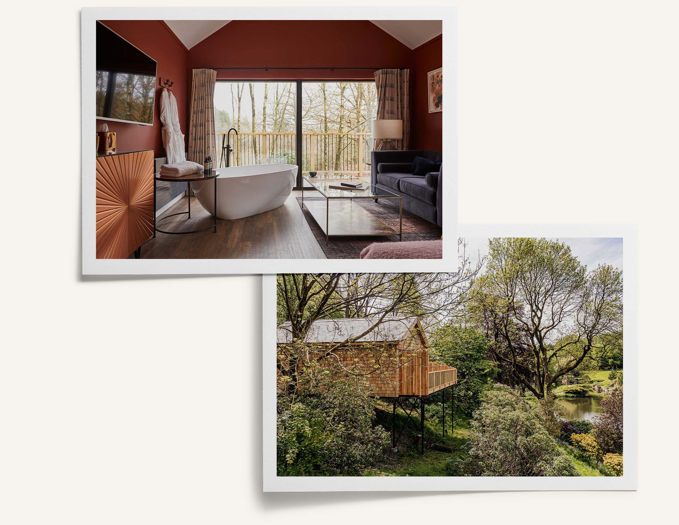 Two images show The Hillside Treehouse at The Tawny, including an external shot and an image of a red bedroom and freestanding bath tub.
